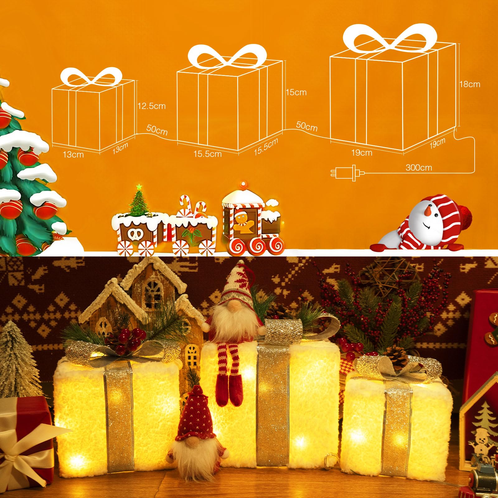 Quntis Boîtes à Cadeaux Lumineuses, 60 LEDs Décoration de Noël，Neige | Lot de 3 Boîtes Lumineuses Décoration Éclairage de Noël Intérieur/Extérieur Déco Lumière