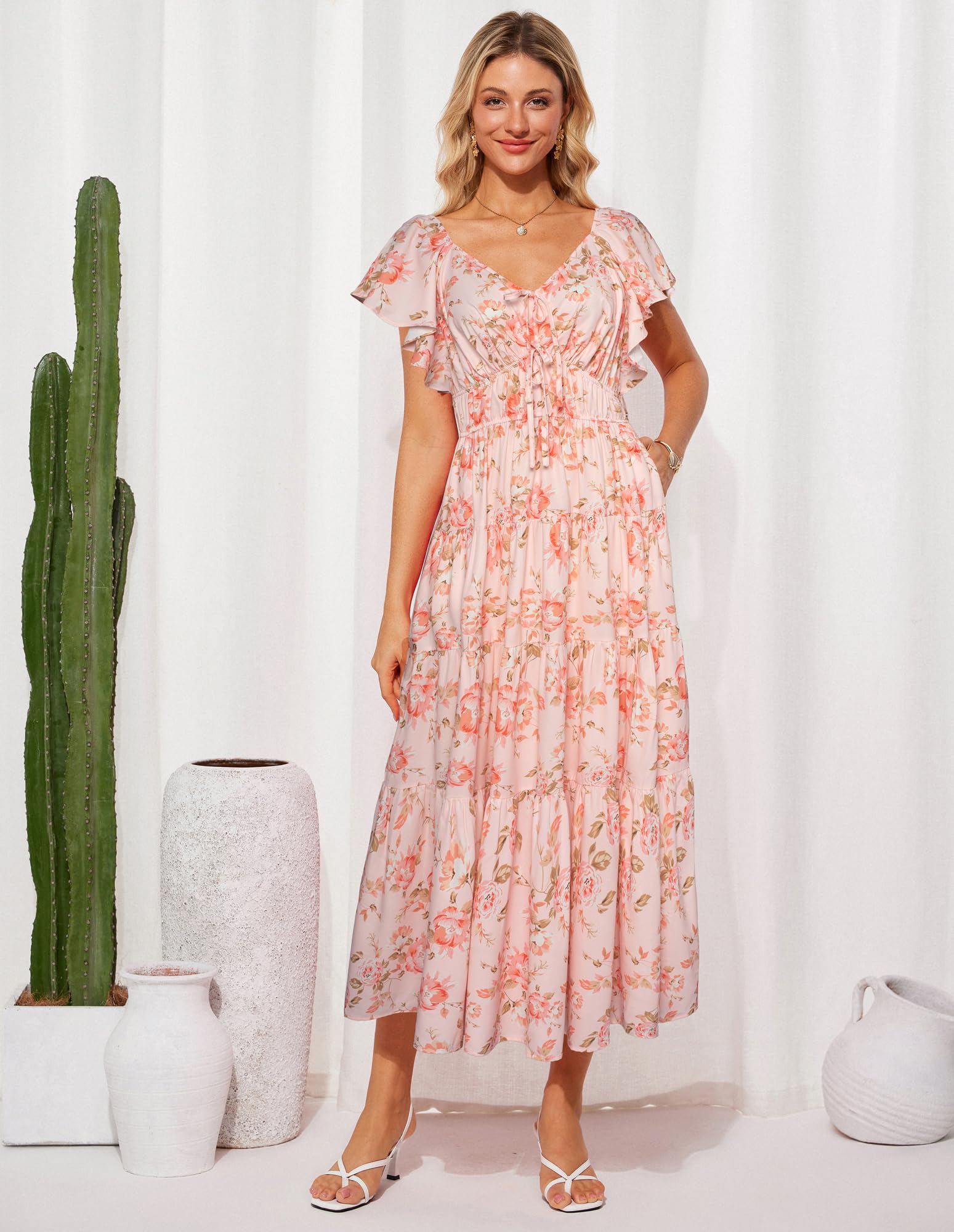 GRACE KARIN Damen Elegant Blumenkleid Rüschenärmel V-Ausschnitt Maxikleid | Maxilang,Elastischer Bund,Offene Seitentaschen,Party,Urlaub,Hochzeit