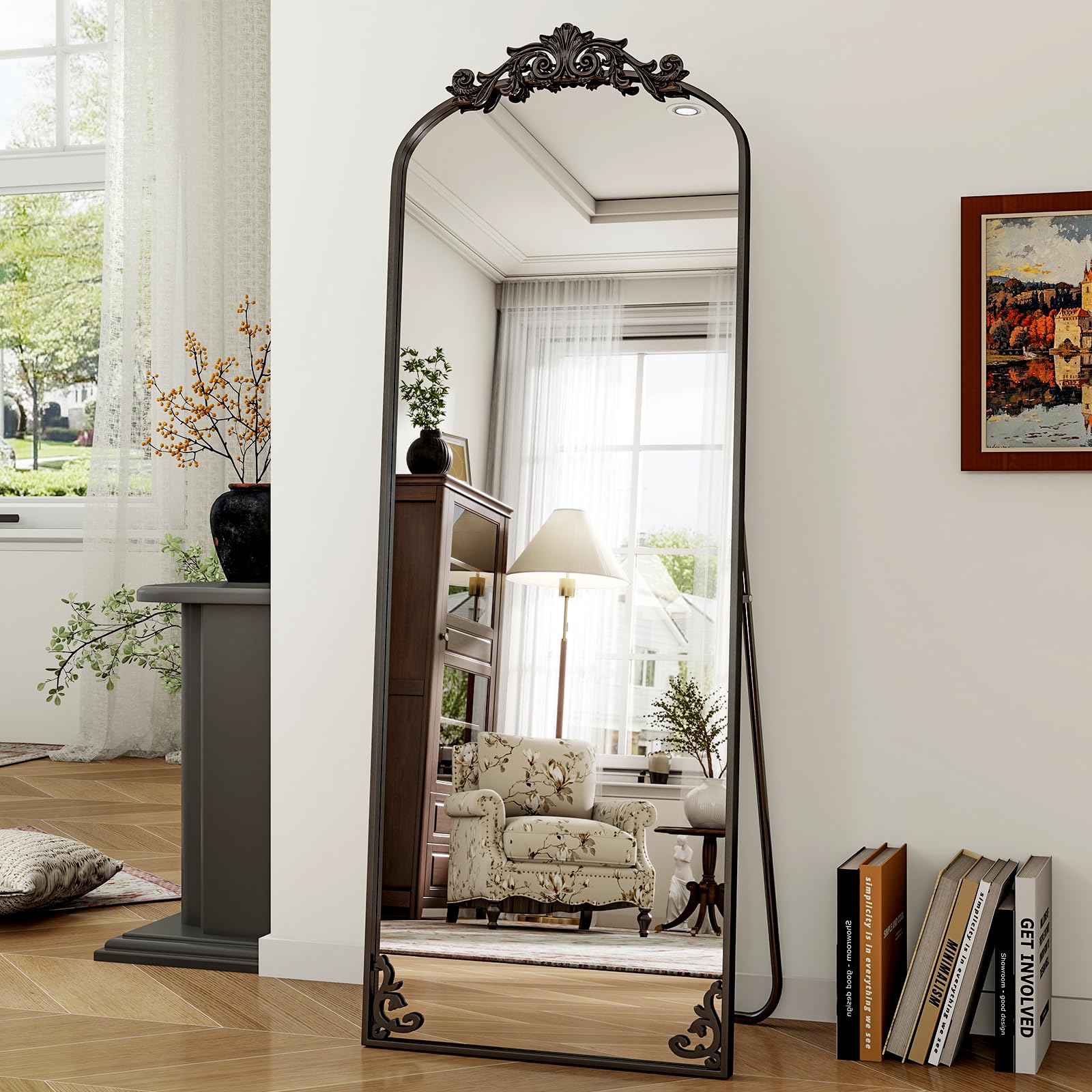 Koonmi Vintage Gewölbter Standspiegel Ganzkörperspiegel, 70x180 cm, Bruchsicher Stehspiegel in voller Länge mit schönen Retro-Gravur Prozess für Schlafzimmer Flur, Schwarz