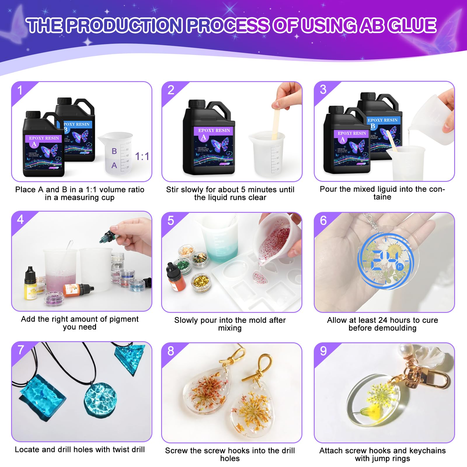 Epoxyhars-set voor beginners, 2000 ml, giethars, set ratio 1:1, voor doe-het-zelf kunst, sieraden, tumbler handwerk, onderzetters, riviertafels, met vormen, 6 pigmenten (1000 ml x 2