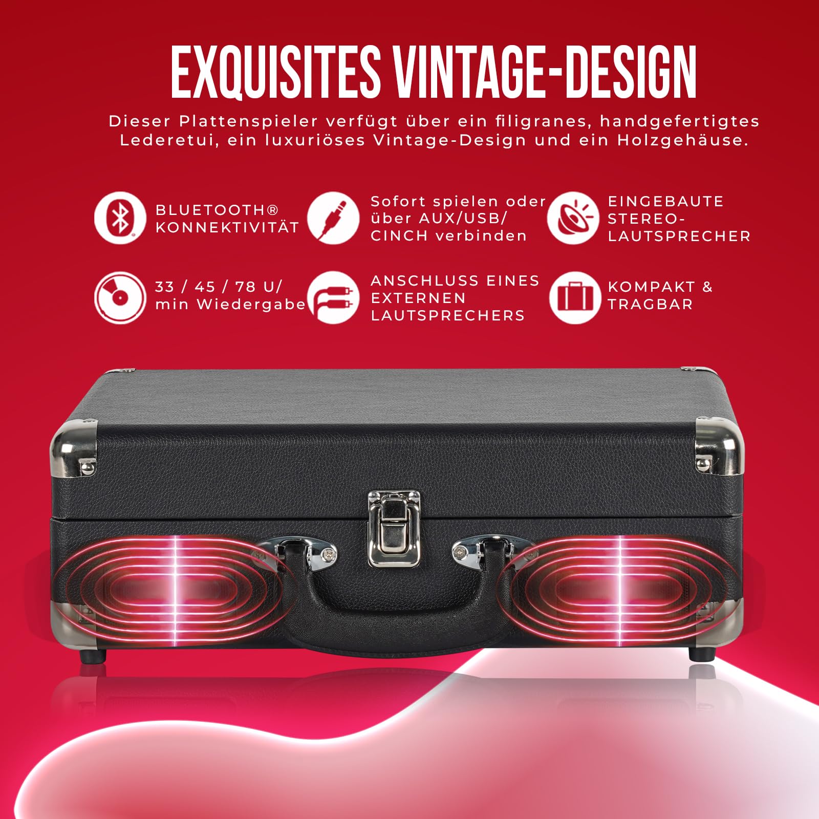 Reflexion HIF1979BT Retro Plattenspieler mit Bluetooth 5.1, MP3-Aufnahme auf USB, Lautsprecher, AUX, 3 Geschwindigkeiten, tragbarer Koffer-Turntable in Holzoptik mit Leder-Design
