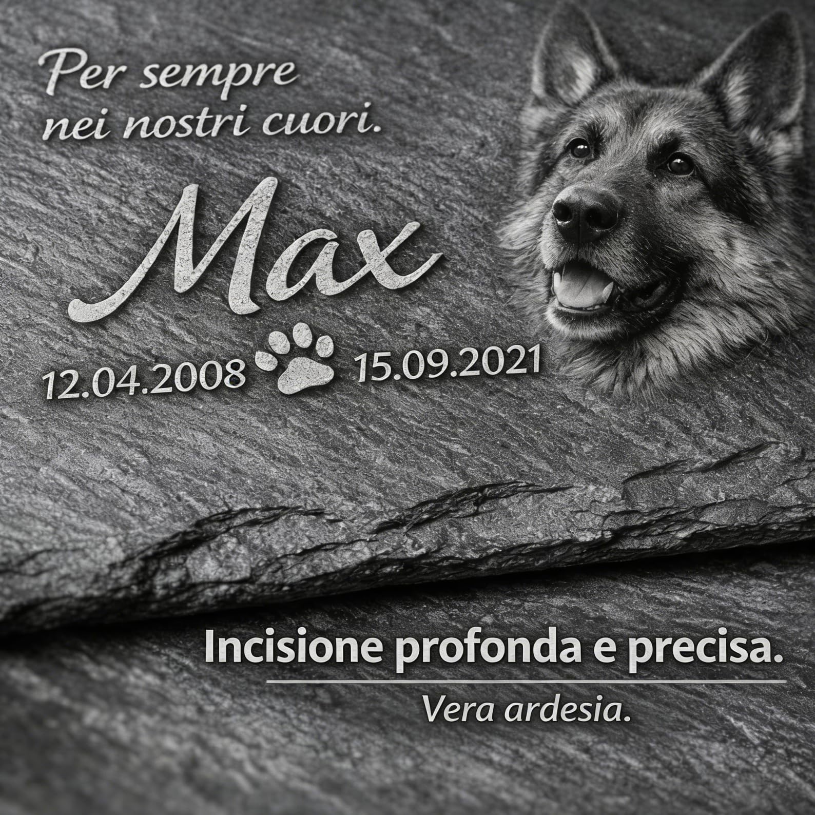 Pietra Commemorativa Cane in Ardesia – Lapide per Animali Esterno Personalizzata, Targa Memoriale per Cani Resistente alle Intemperie – Foto, Nome e Testo Personalizzabili – Giardino / 30x15–50x30 cm