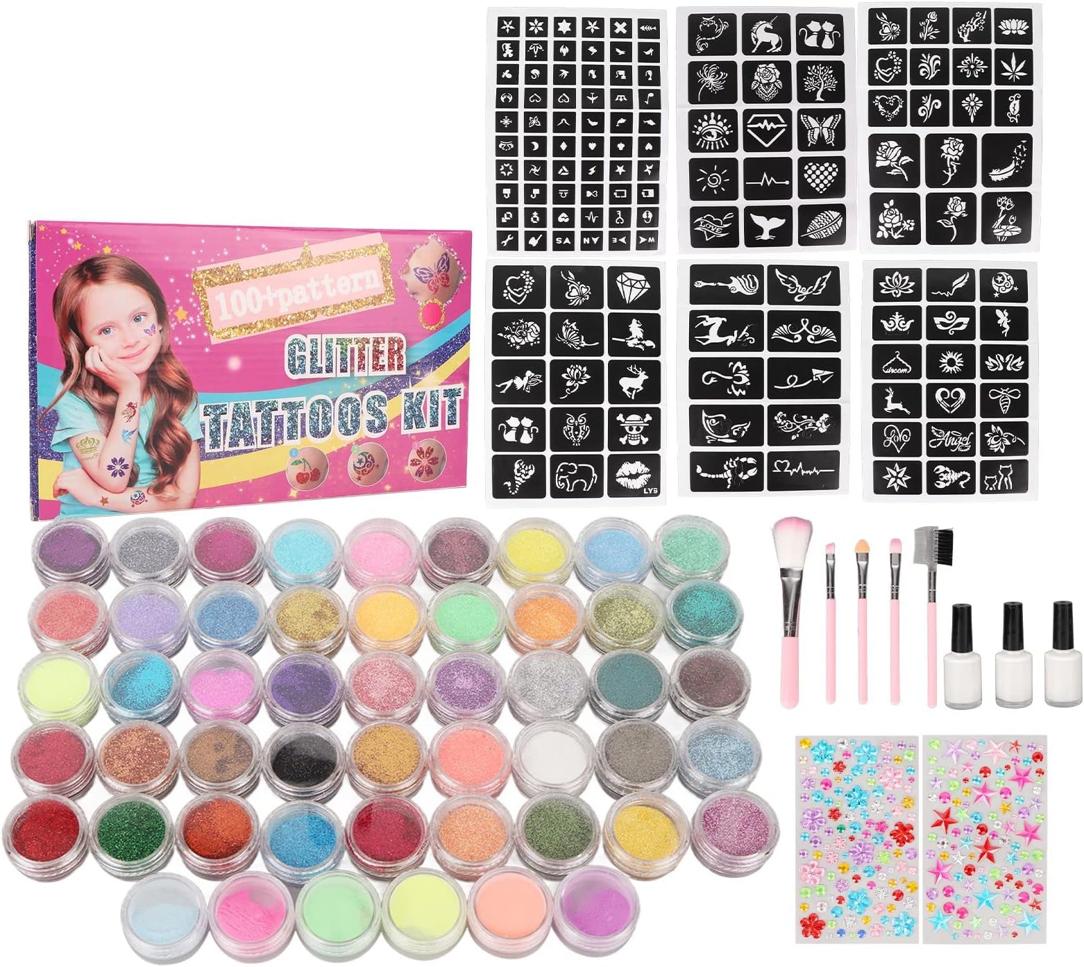 Skin Friendly Makeup Paint Set for Eye Shadow Manicure, Temporary Body Glitter Tattoo Set, Glitter Tattoo Kit with 45 Glitter Powders 6 Luminous Powders and 3 Long Lasting Glues
