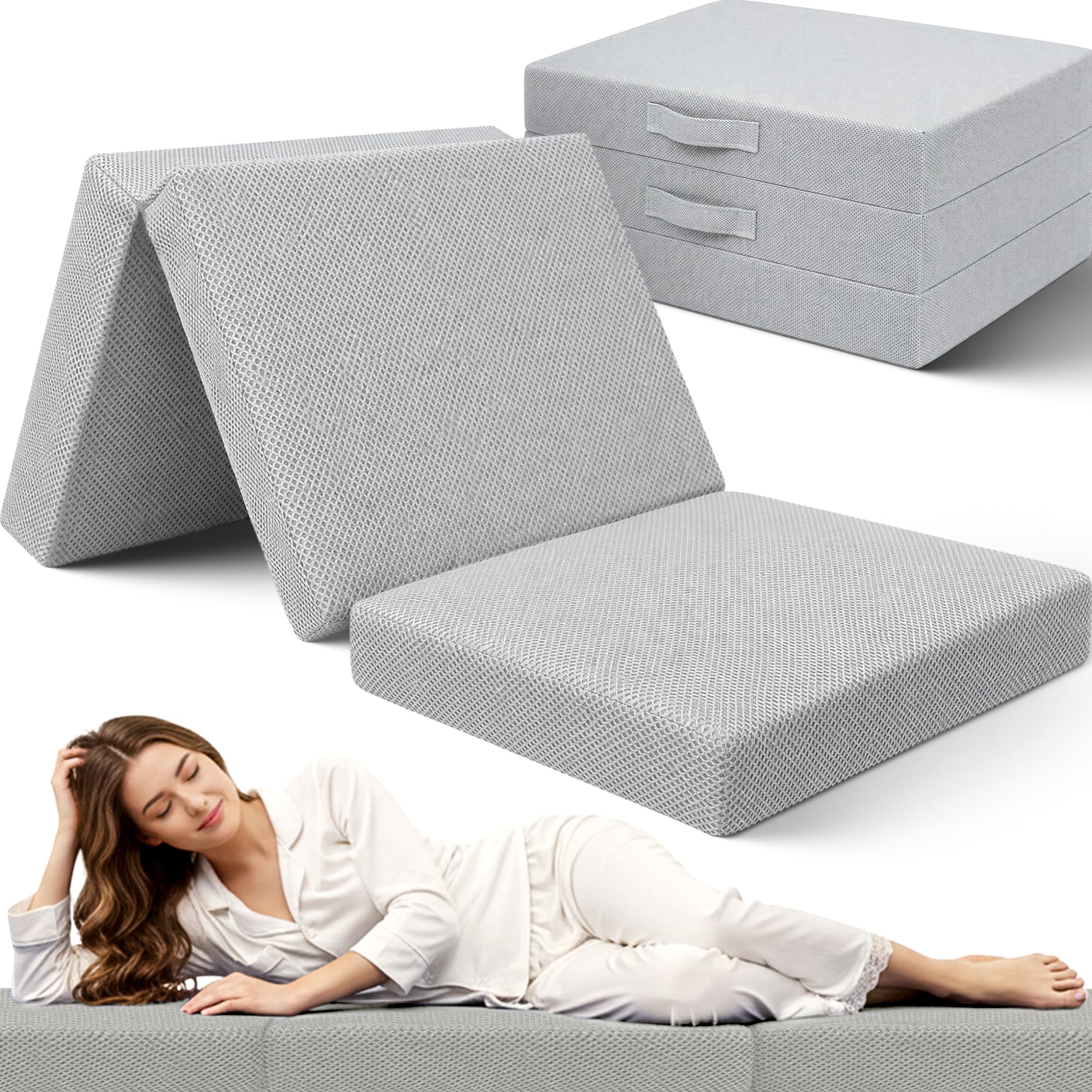 SAPPHIRE Faltmatratze Gästebett, Z-Bett, 100 % Schaumstoff-Füllung, dreifach gefaltet, Einzelbett, faltbarer Bodenbett, Würfel, Grau