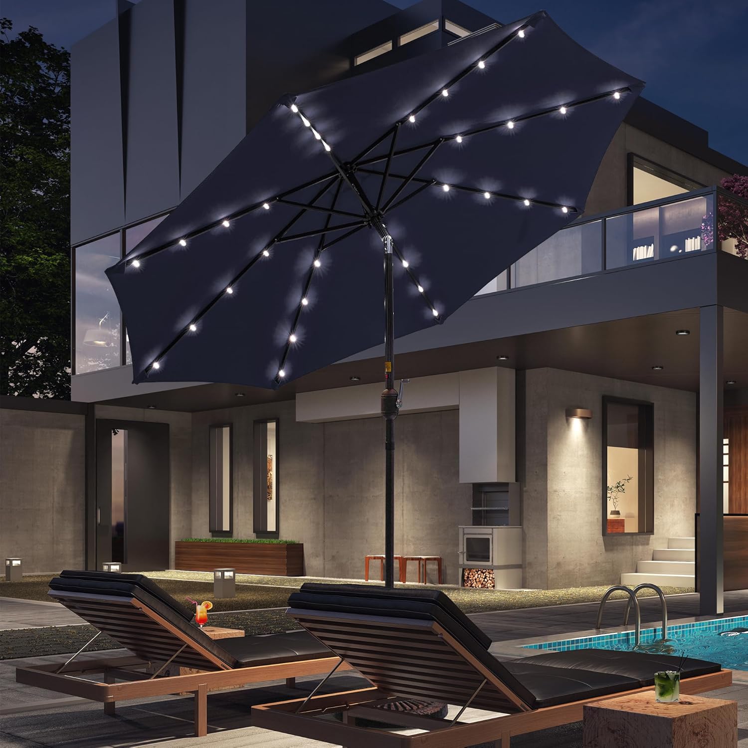 9FT patio umbrella with solar lights, umbrella outdoor patio with Push Button Tilt and Crank Market Umbrella 8 Sturdy Ribs UV Protection Waterproof for Garden Deck Backyard Pool