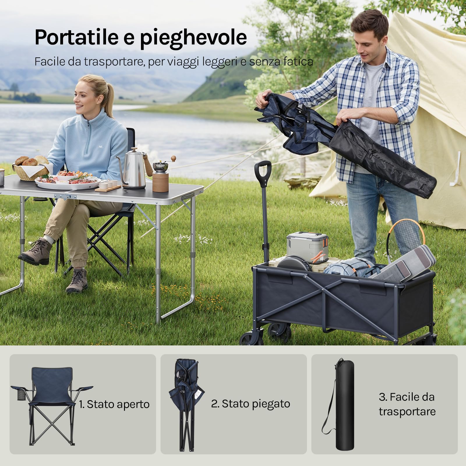 WOLTU Set di 2 Sedie da Campeggio, Sedie Pieghevoli con Borsa di Trasporto, Portabicchiere e Tasca Laterale, Portata 120 kg Ciascuna, per Pesca, Picnic e Spiaggia,Blu Scuro