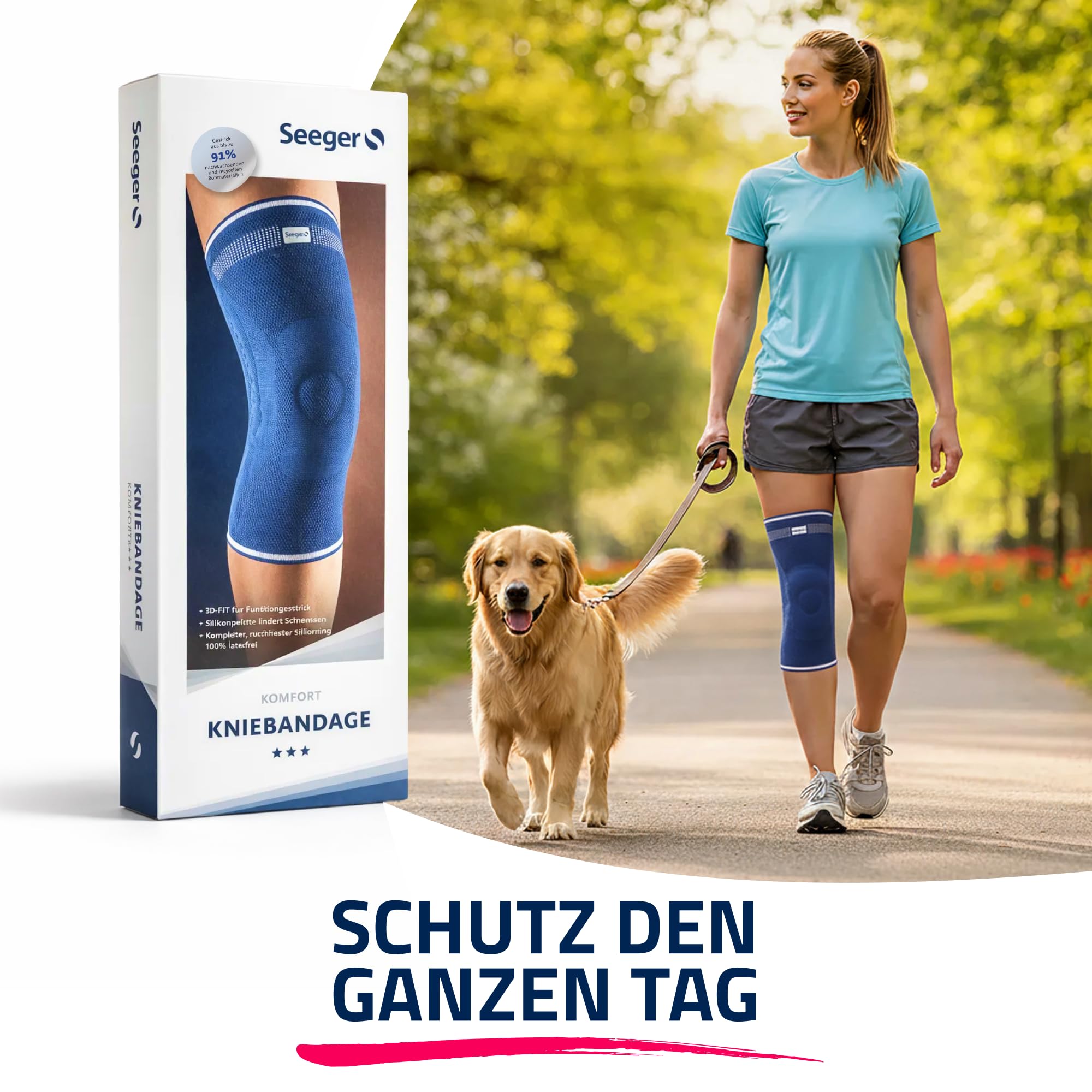 Seeger Kniebandage Komfort – Kompressionsbandage zur Stabilisierung & Schmerzlinderung bei Knieproblemen – mit Silikonpelotte & Spiralstäben – für Männer & Frauen, Sport & Alltag (Blau, 6)