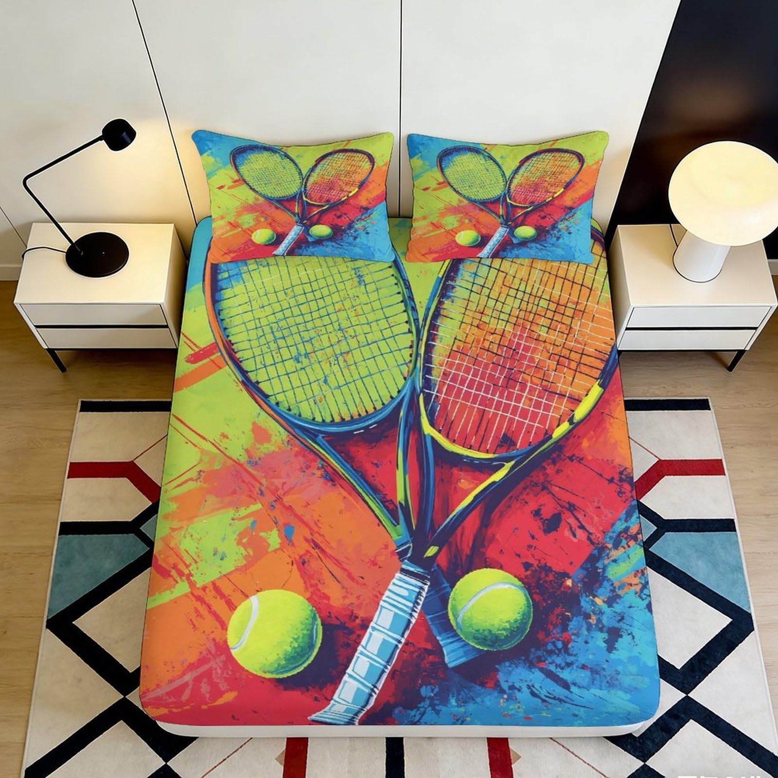 Jqzkxnhpbr Style-1 3D Printed Tennis Racket Fitted Sheet Microfiber Colorful Sports Bed Cover For Bedroom Dorm Mattress Protection Decor 90X200x25cm