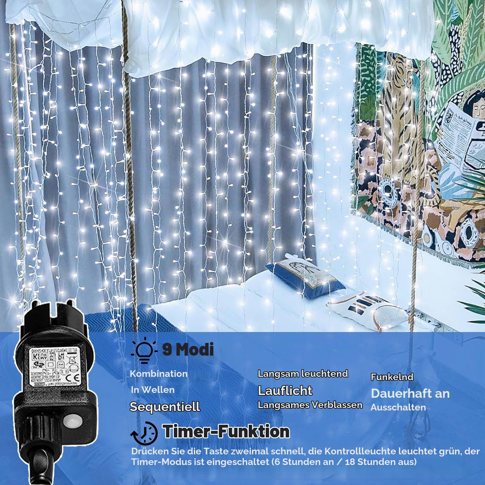yowin 2 Stück Lichtervorhang 6m x 3m 600 LED Lichterkette Vorhang mit Stecker, 8 Modi Weihnachtsbeleuchtung Wasserdicht Wasserfall Lichterkette für Weihnachten Hochzeit Innen Außen Deko - Weiß