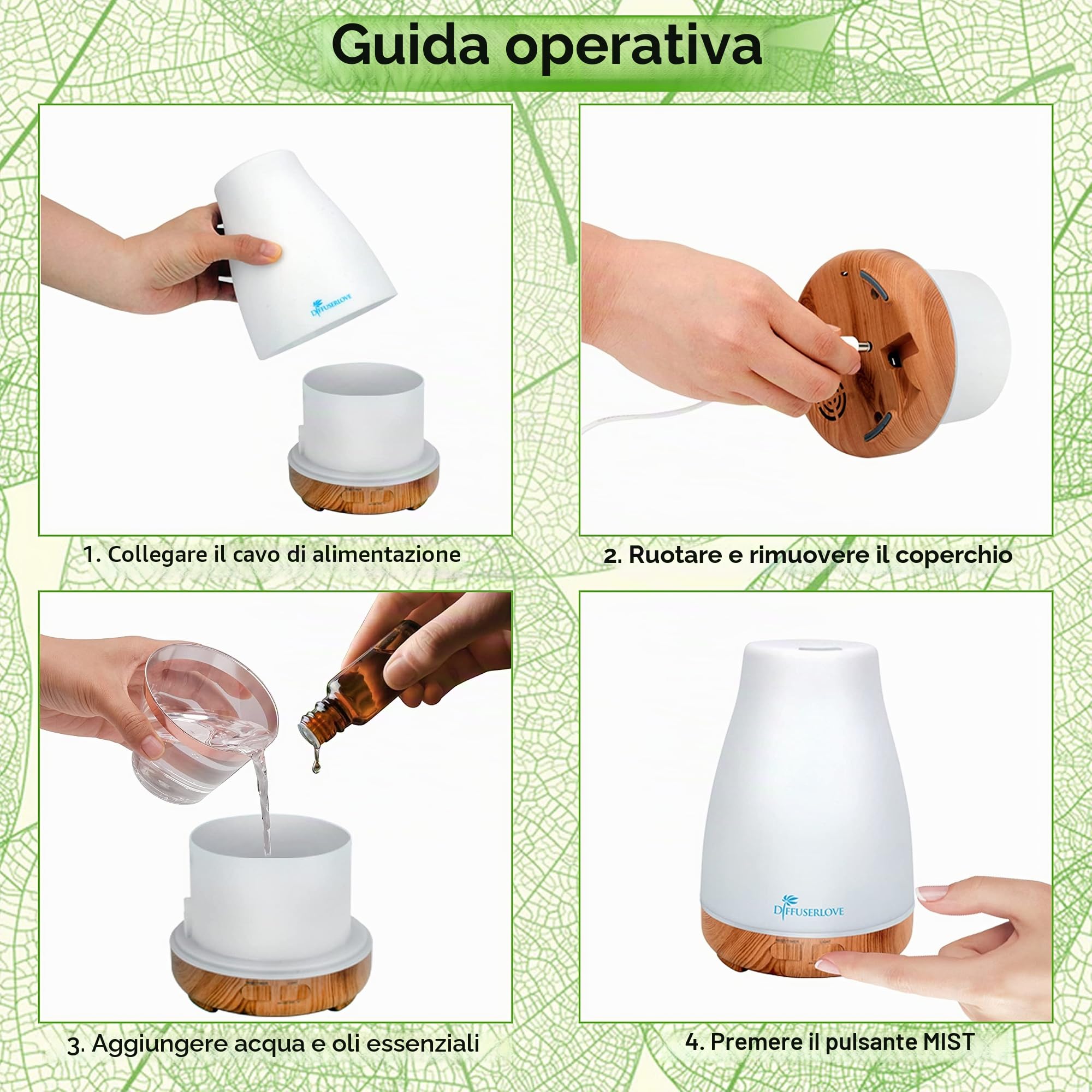 300 ML Diffusore di Oli Essenziali Umidificatori a Nebbia Diffusore Ambiente con Luci a LED e Spegnimento Automatico Senza Acqua per la Camera da Letto, la casa Dell'ufficio, la Cucina