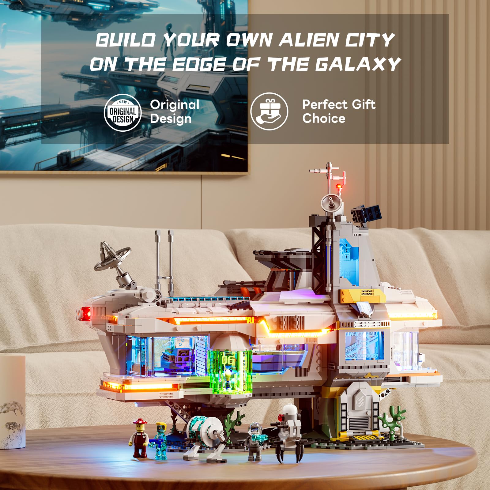Lumibricks Space Hub Łowcy Nagród podświetlany zestaw klocków – futurystyczny budynek modułowy Alien-Cyberpunk z minifigurkami, 2309 części, prezent dla dorosłych i nastolatków
