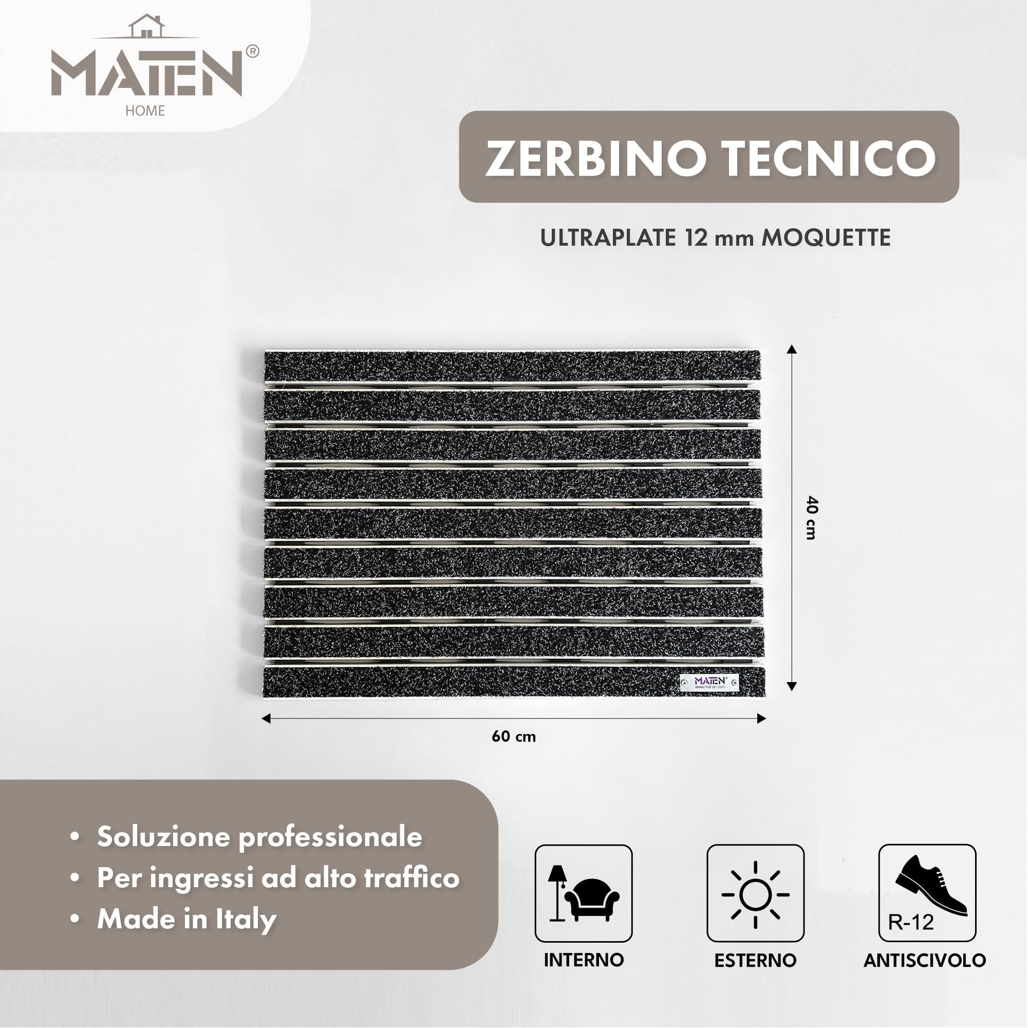 MATEN Zerbino da Esterno e Interno in feltro Velluto Igienizzante, 60x40x1,2 cm, Soluzione Professionale per Alto Traffico, Made in Italy