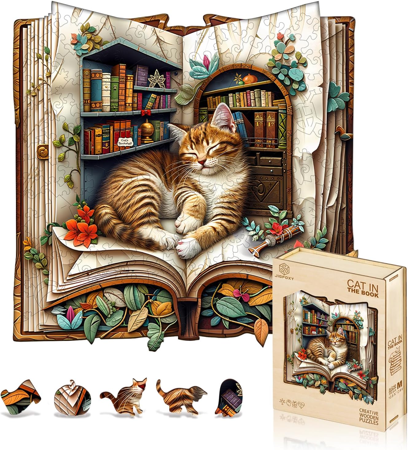 Jigfoxy Wooden Puzzles for Adults, The Cat in the Book Wood Puzzle for Adults, Unique Animal-Shaped Wooden Jigsaw Puzzle, Christmas Thanksgiving Gifts for Family and Friends (M-10.6 * 10.4in-195pcs)