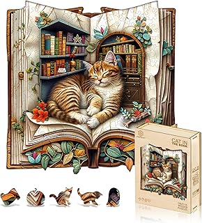 Jigfoxy Wooden Puzzles for Adults, The Cat in The Book Wood Puzzle for Adults, Unique Animal-Shaped Wooden Jigsaw Puzzle, Christmas Thanksgiving Gifts for Family and Friends (S-7.7 * 7.6in-100pcs)