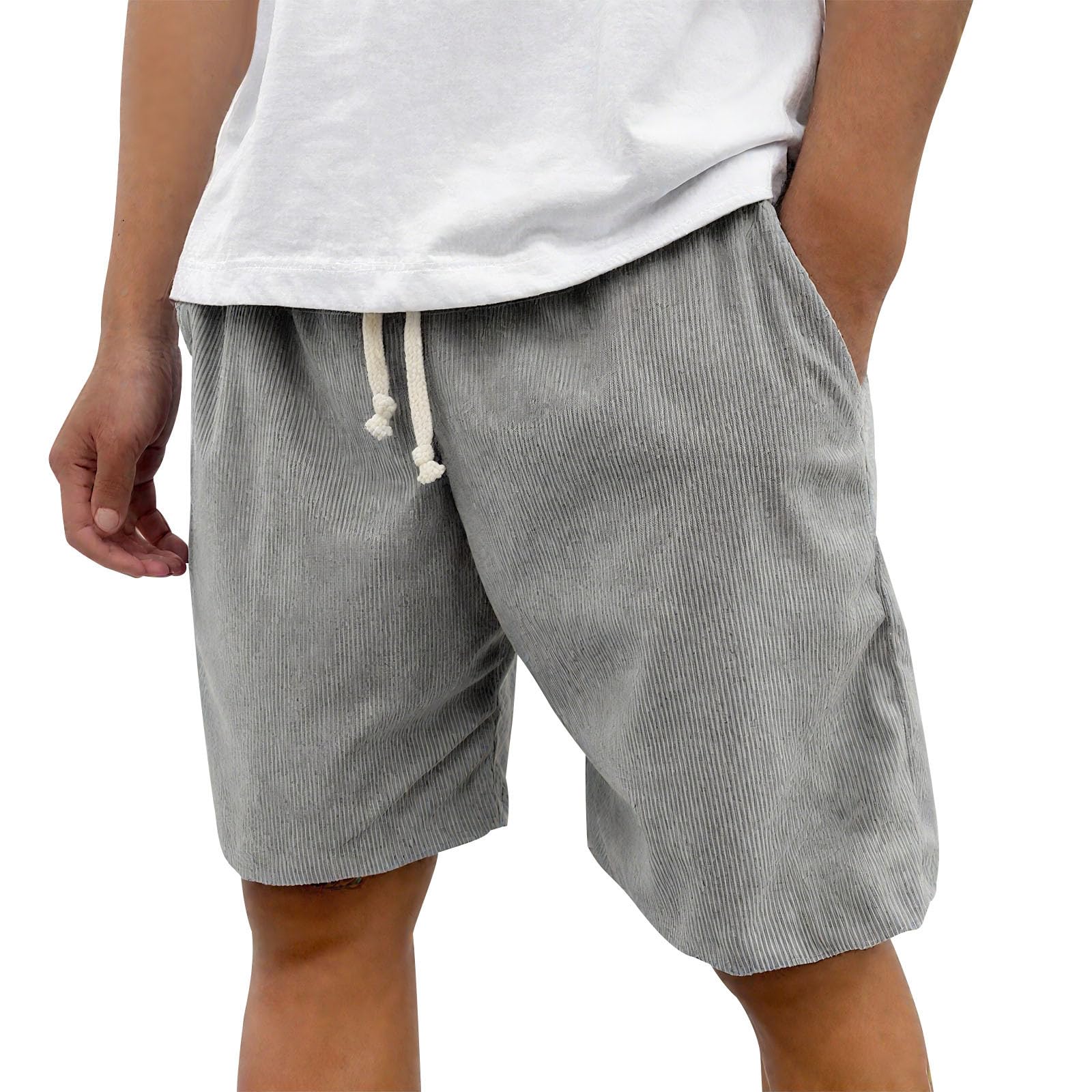 Men's Vintage Corduroy Shorts Fashion Elastic Drawstring Waist Short Pants Plus Size Solid Color Shorts with Pockets