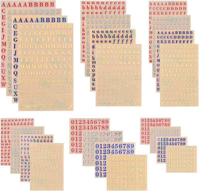 Grevosea 24 Sheets Alphabet Numbers Stickers, Small Letter Stickers Alphabet Metal Stickers Mini Letters Self Adhesive Stickers for Nail Art, DIY Crafts Scrapbook, Golden/Silvery/Blue/Red