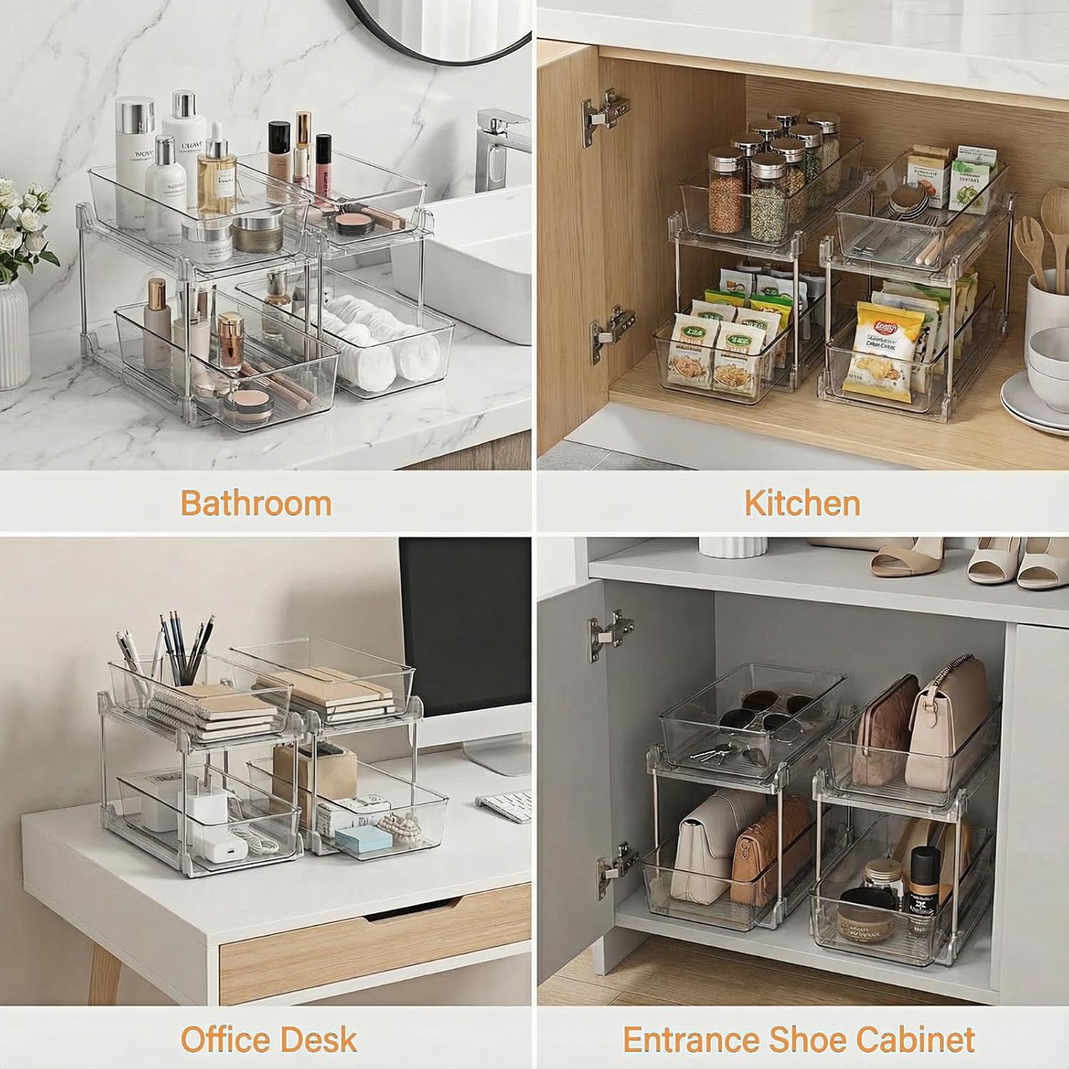 2 Pack Bathroom Organizer,2 Tier Clear Under Sink Organizers Vanity Countertop Storage Container,Cabinet Drawers Bins, Pull-Out Organization with Track for Pantry, Kitchen