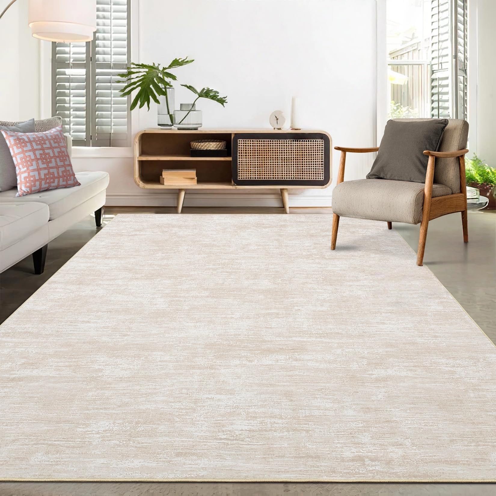 Teppich Wohnzimmer 160x230 cm Modernes Uni-Design Kurzflor Beige | Moderner Einfarbiger Teppich für Schlafzimmer Esszimmer Büro Waschbar Faltbarer Rutschfest