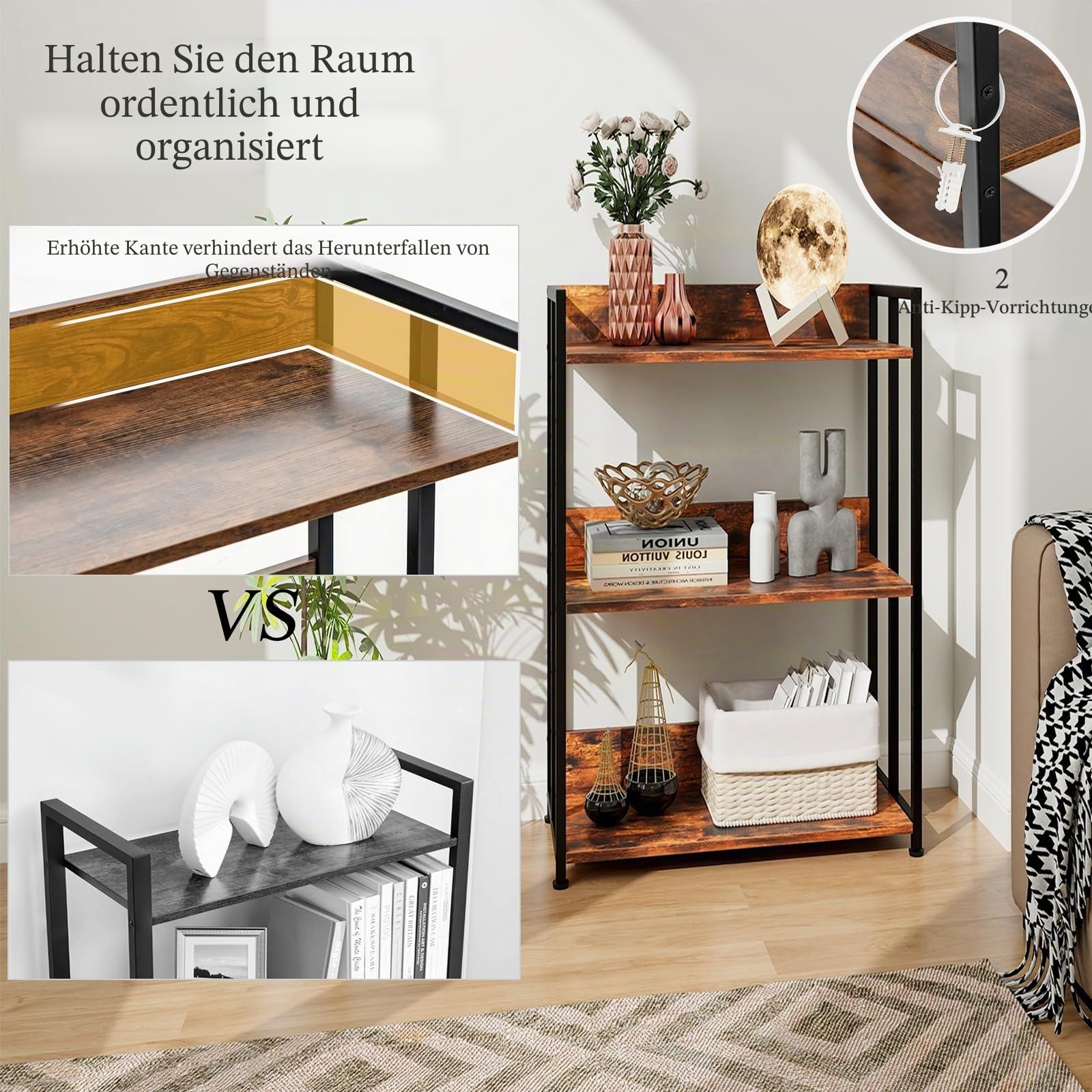 HOMASIS Bücherregal mit 3/5 Ebenen, industrielles Standregal mit verstellbaren Regalboden & Metallrahmen, Aufbewahrungsregal Gewürzregal Küchenregal für Wohnzimmer Küche Büro (Vintage Braun)