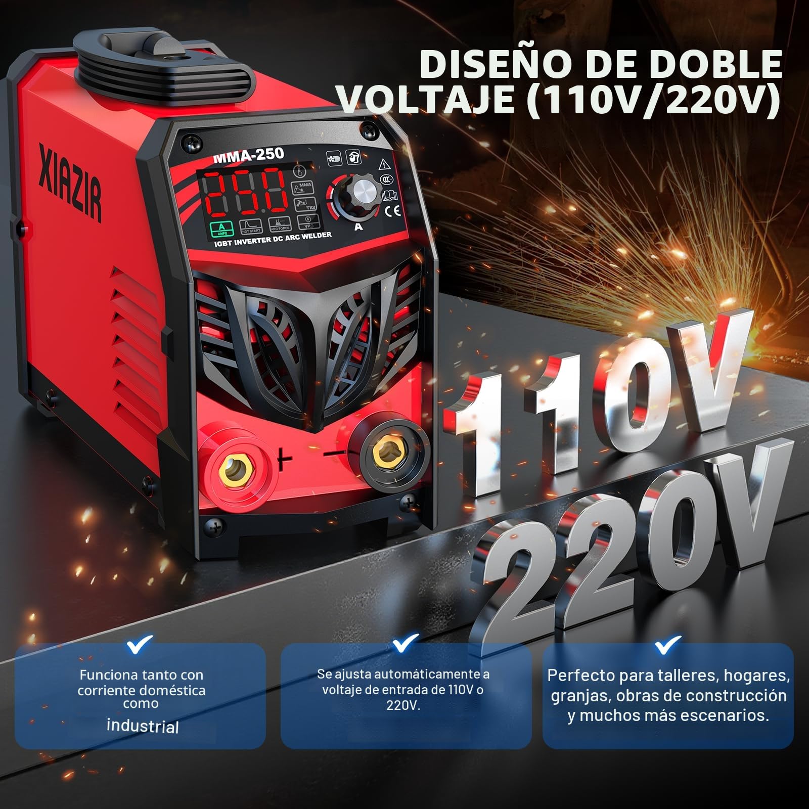 Soldador ARC 250A 220V con pantalla LED, soldadora portátil IGBT con Hot Start, Arc Force & Anti-Stick, kit completo para bricolaje, taller y granja