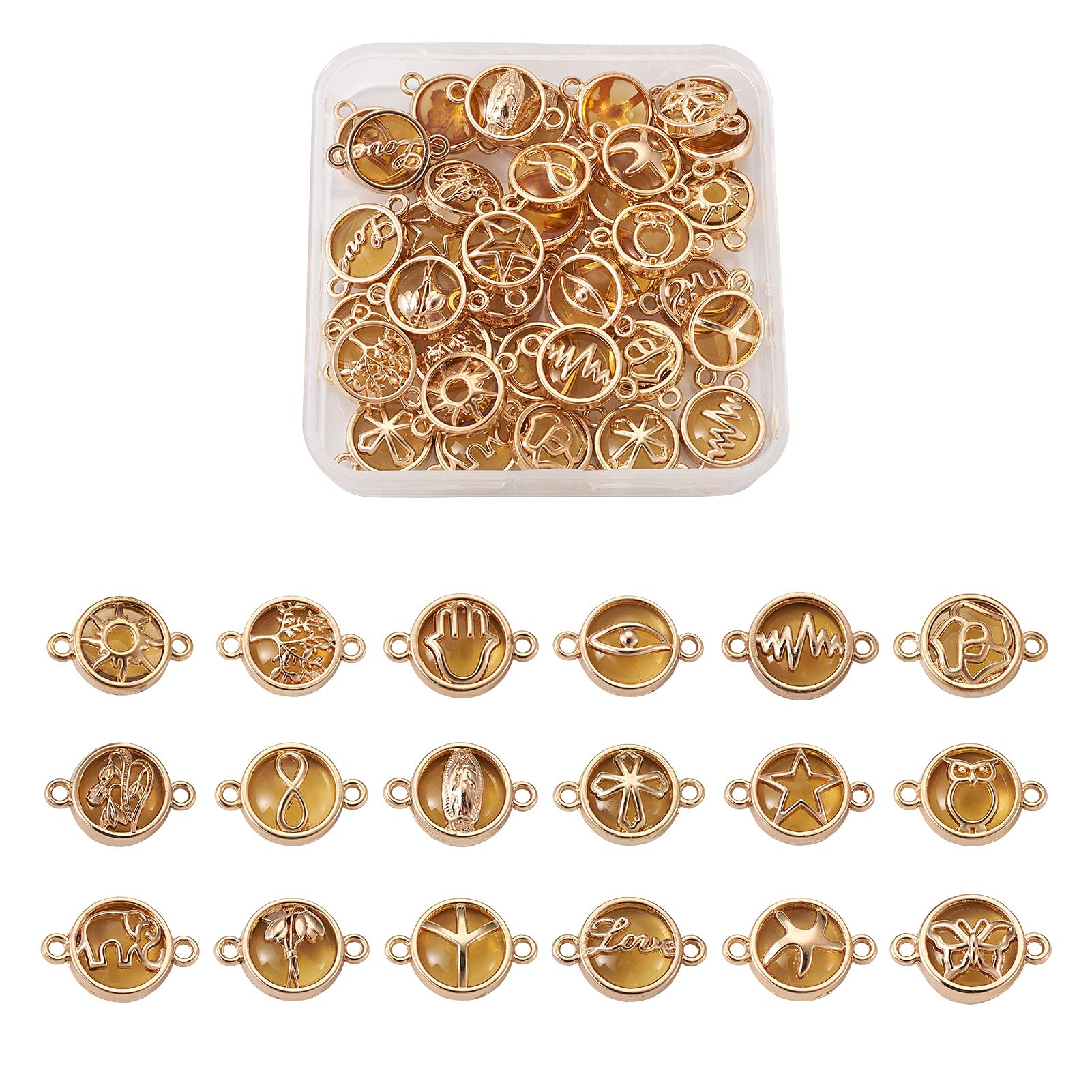 PandaHall 36pcs Flat Round Glass Links Connectors Goldenrod Glass Charms Pendant Connectors with Light Gold Plated Alloy Findings for Necklace Bracelet Jewelry Making