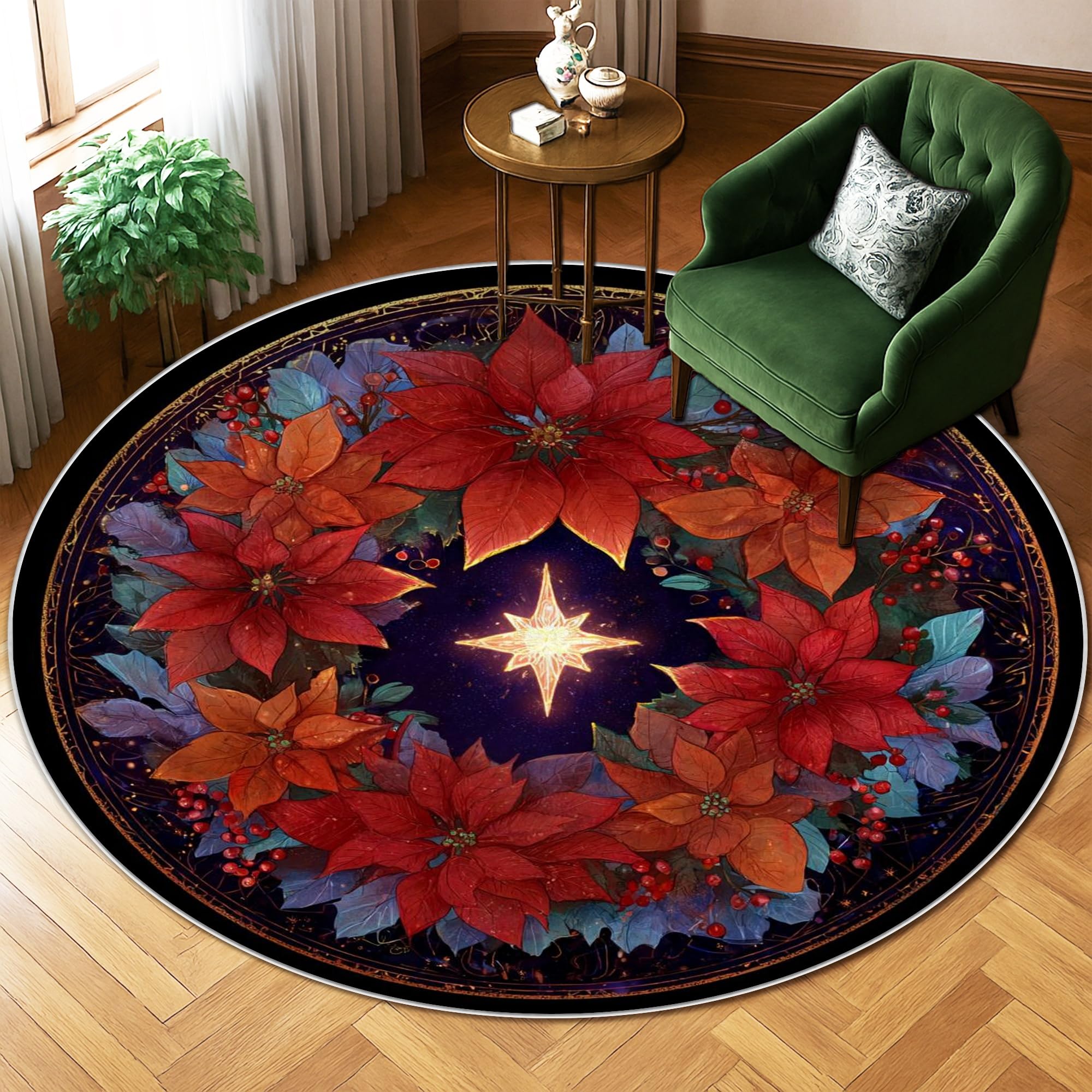 Tapis de Noël Poinsettia sous le sapin du salon pour des matins de fête chaleureux