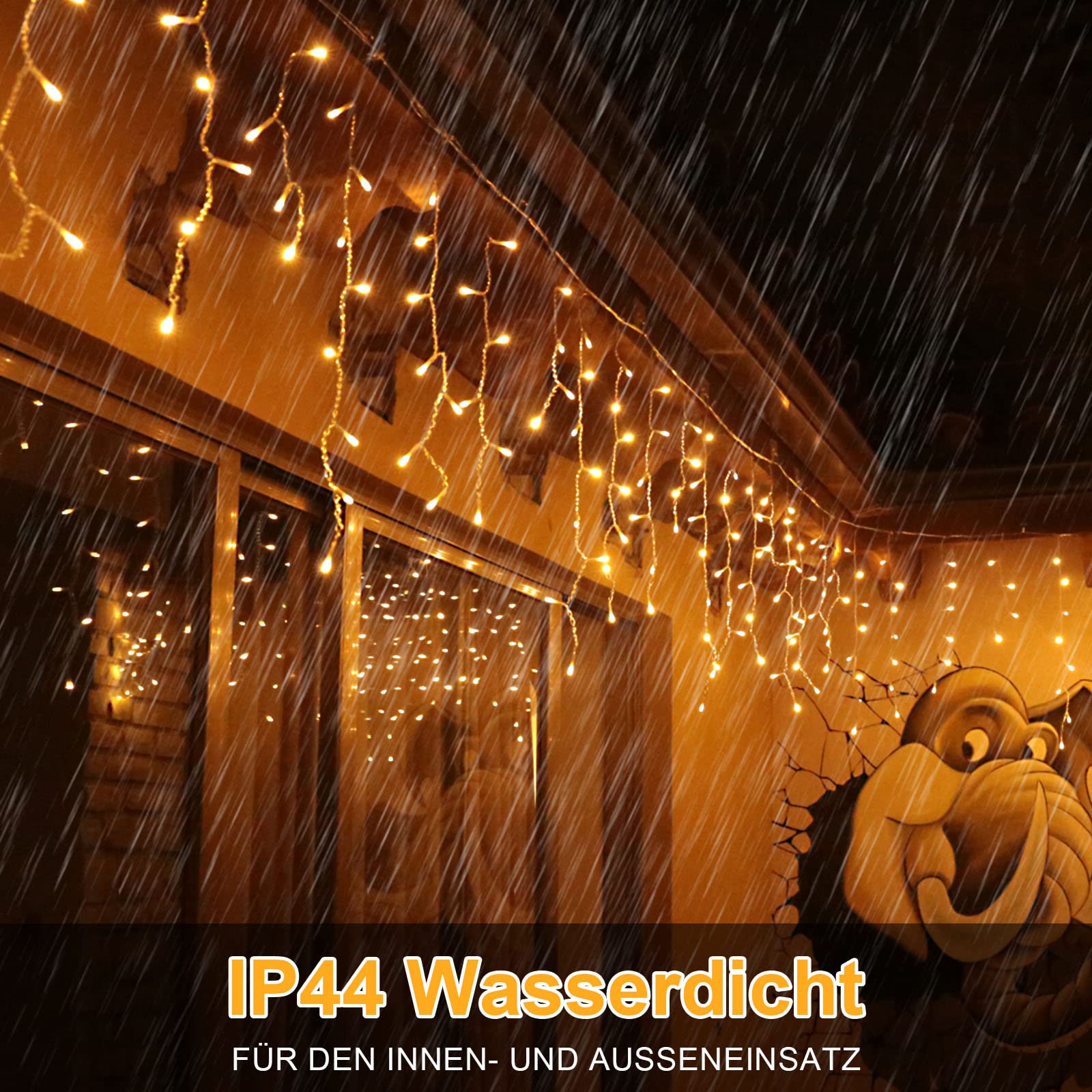 Rosnek Eisregen Lichterkette, 15M Außen Wasserdicht, 600LEDs mit Speicherfunktion, 8-Modi & Timer, Eiszapfen Lichterkette Weihnachtsbeleuchtung für Traufe, Pavillons, Balkon, Geländer