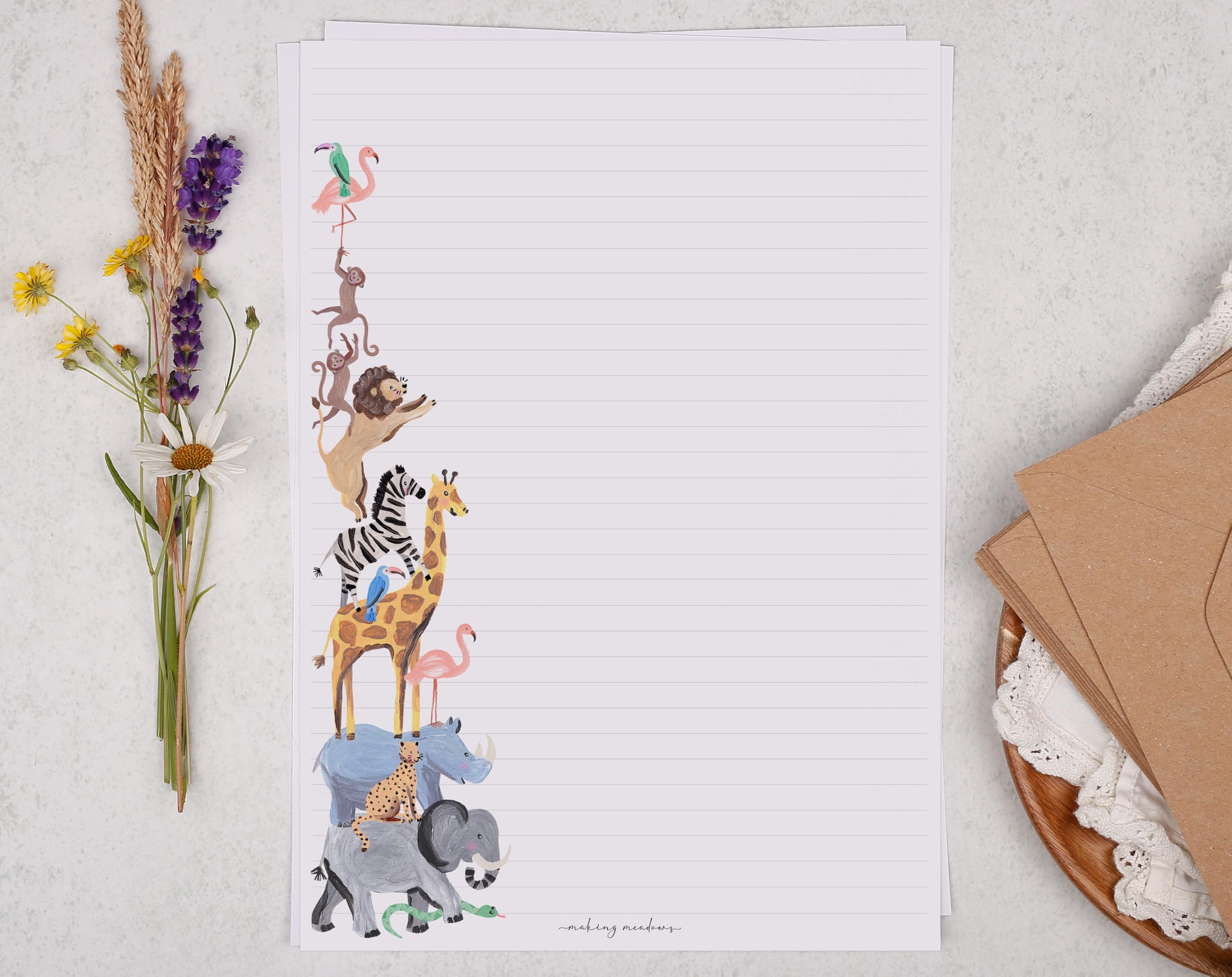 Making Meadows A4 Childrens Writing Paper Set Zoo Animal Design (20 Sheets & 10 Envelopes), Perfect for Letter Writing, Lined Writing Paper and Envelopes