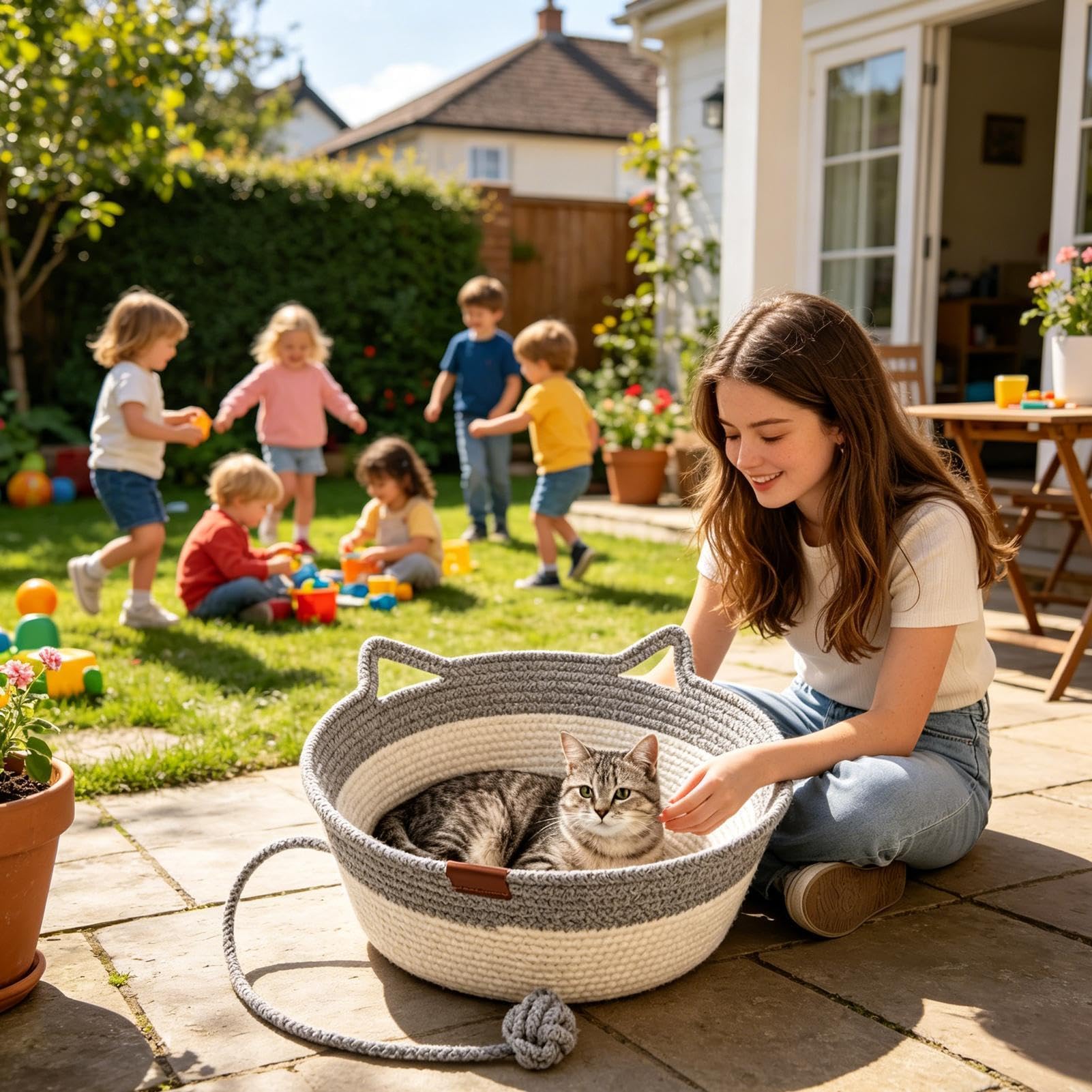 Cesta Para Gatos Suministros para Mascotas Rascador Cuerda Algodón Boho | Camas Tejidas A Mano Para Mascotas Y Gatos Para Gatitos y Cachorros Pequeños y Medianos Decoración Hogar Interior Exterior