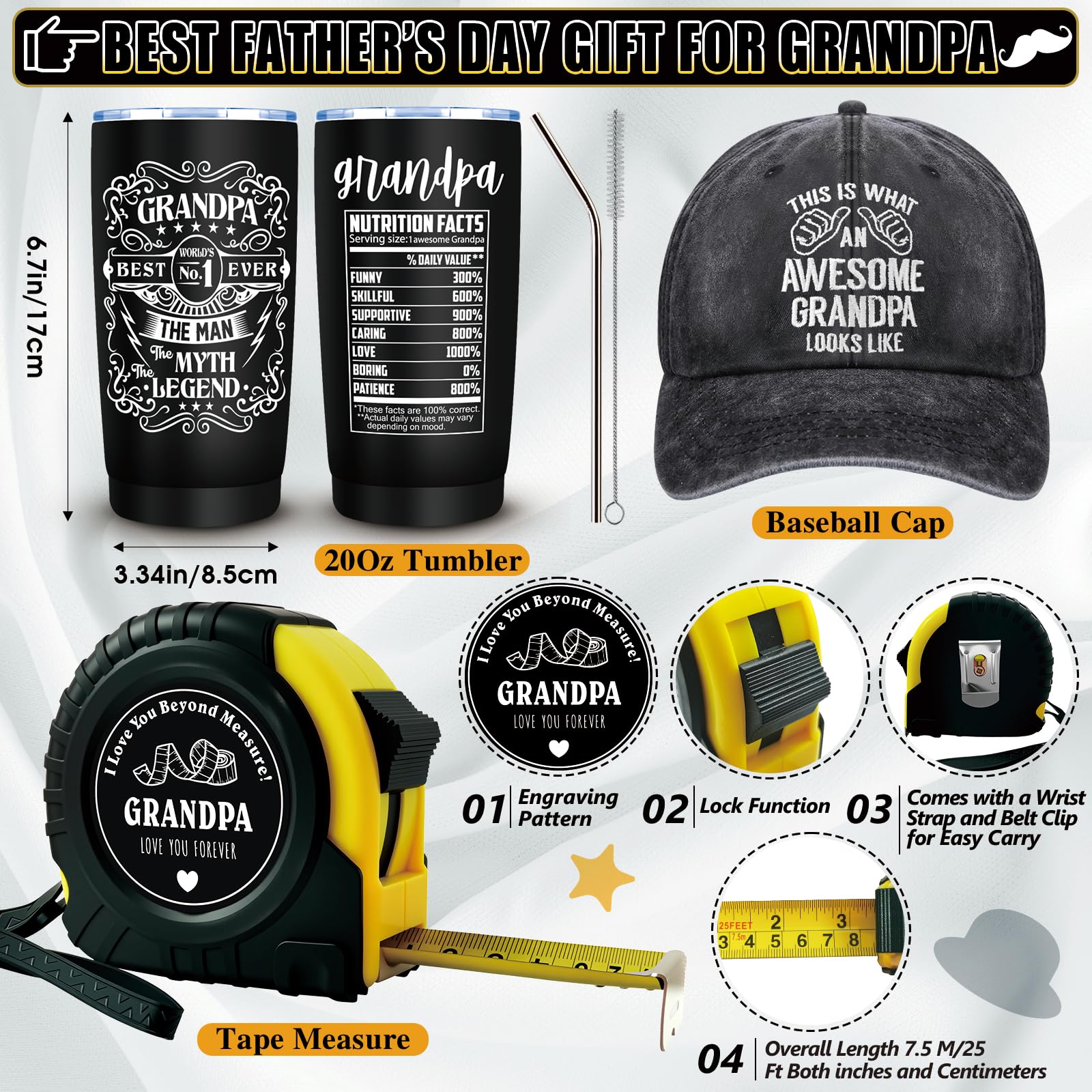JTAMOHI 11 Pieces Grandpa Gifts, Best Grandpa Ever Gift with 20 Oz Tumbler Socks Baseball Cap Tape Measure Bracelet Wallet Card Keychain, Fathers Day Birthday Christmas Gift for Grandfather Granddad