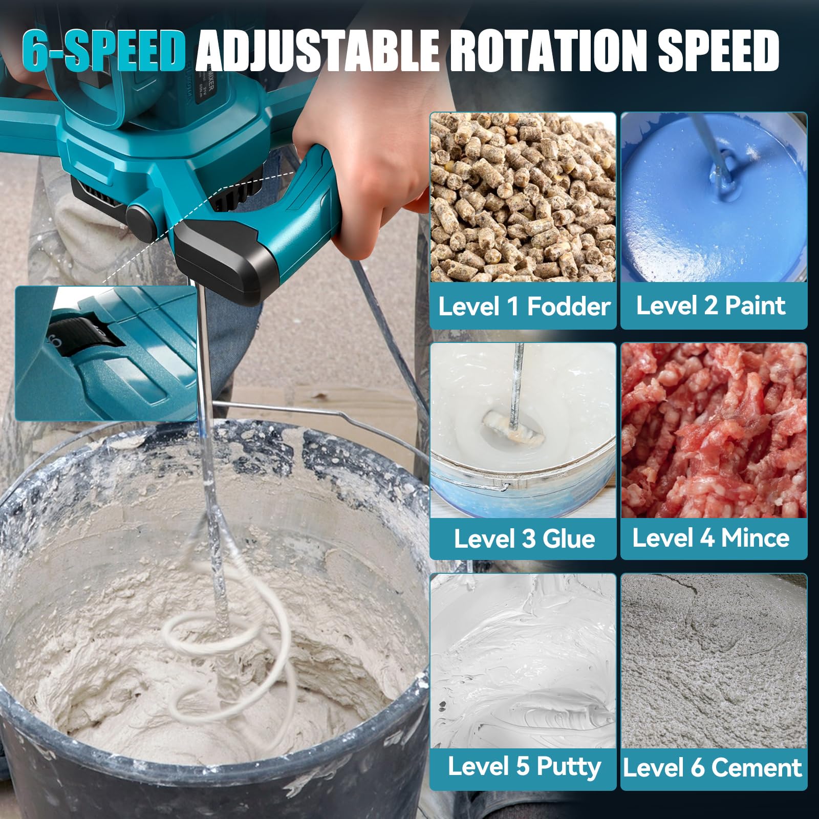 Mezclador de cemento inalámbrico para batería Makita de 18 V, mezclador de paleta sin escobillas, mezclador de mortero de pintura de 6 velocidades, máximo 680 RPM, agitador eléctrico de hormigón para