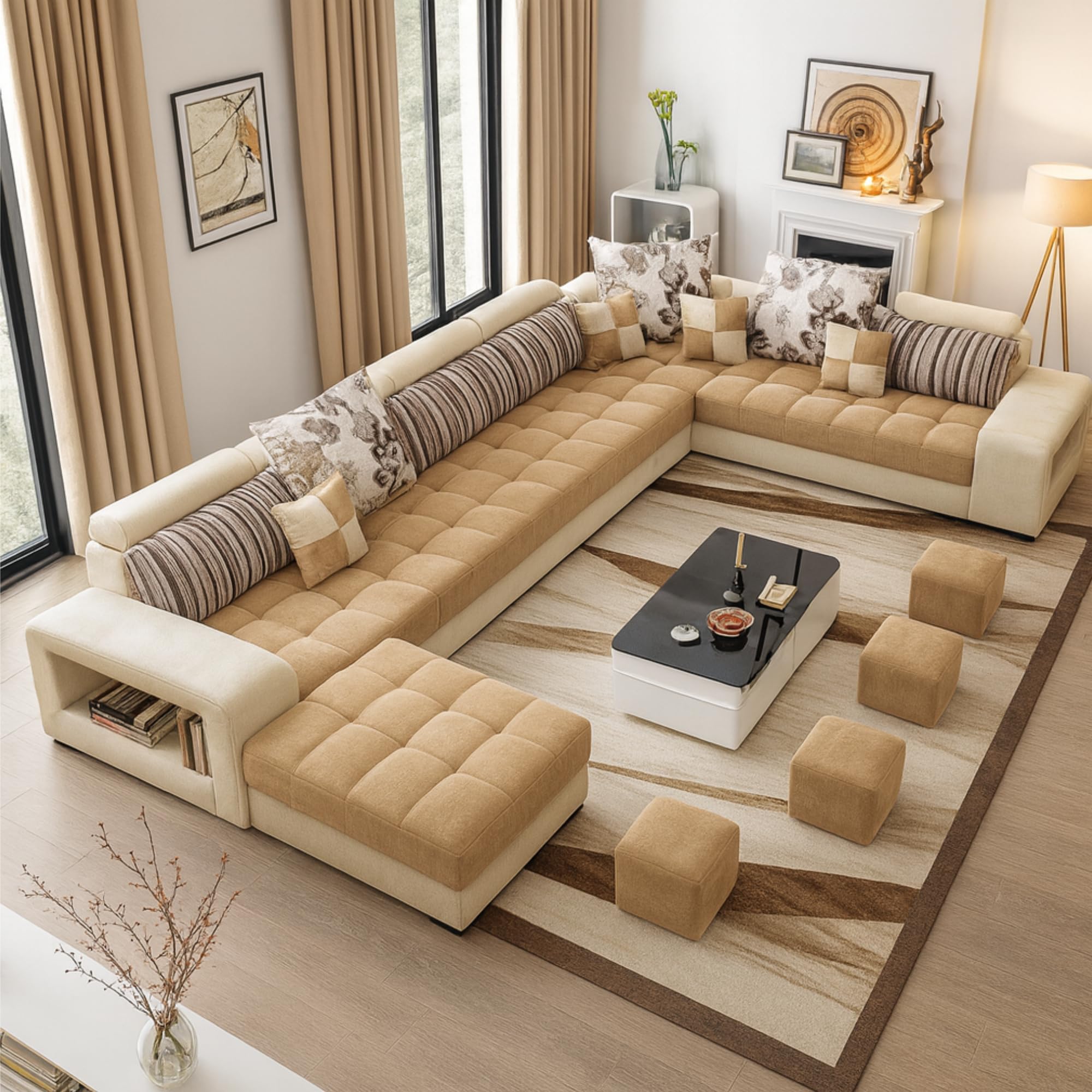 Karnak Sectional Sofa, Solid Wood Sofa for Living Room Furniture Modern Corner Fabric Upholstered Sofa Set Color (Beige)