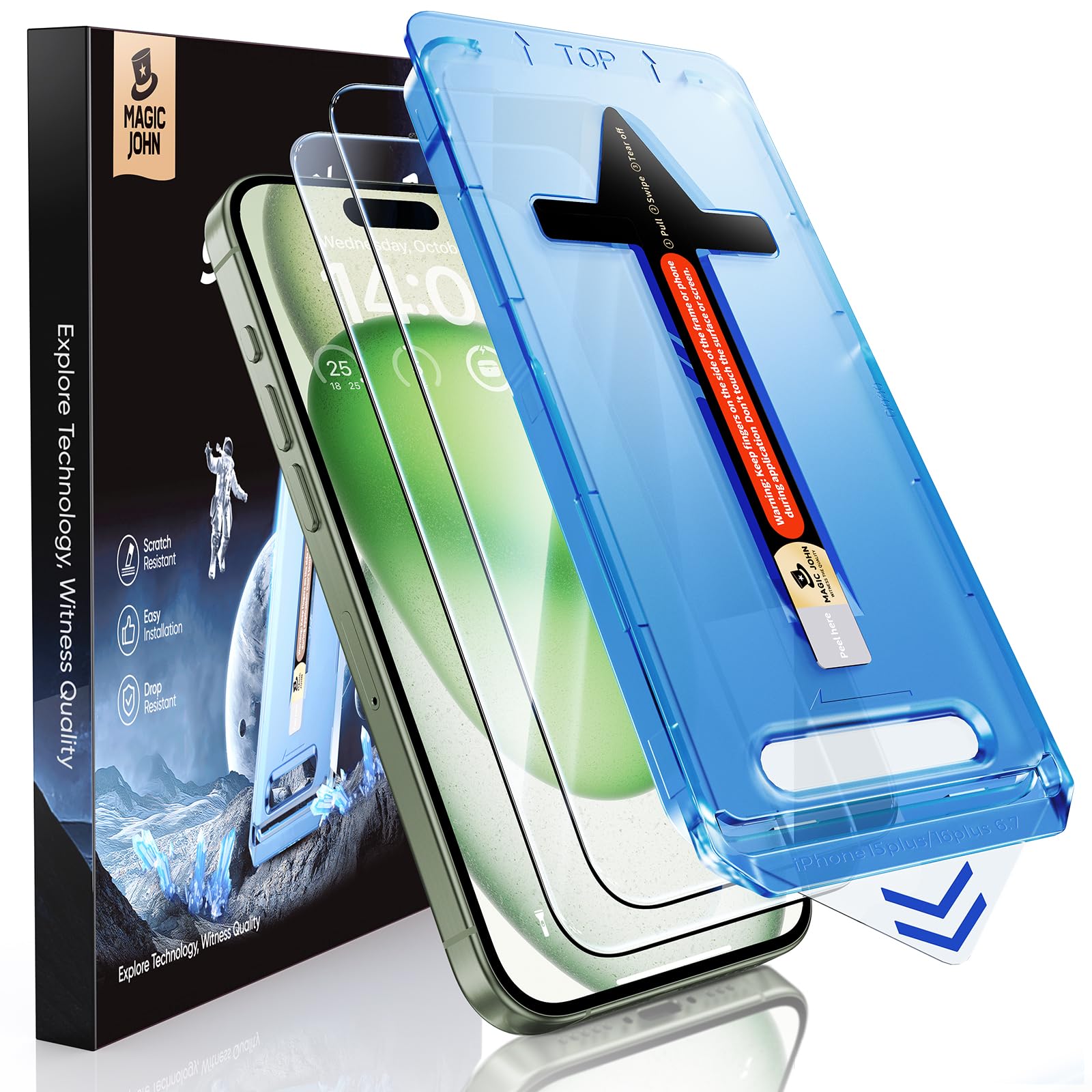 MAGIC JOHN 2 Pack for iPhone 15 Plus 6.7 inch Tempered Glass Screen Protector, Auto Dust-Elimination Installation, Bubble Free, Dynamic Island Compatible, HD Clear, Easy Installation