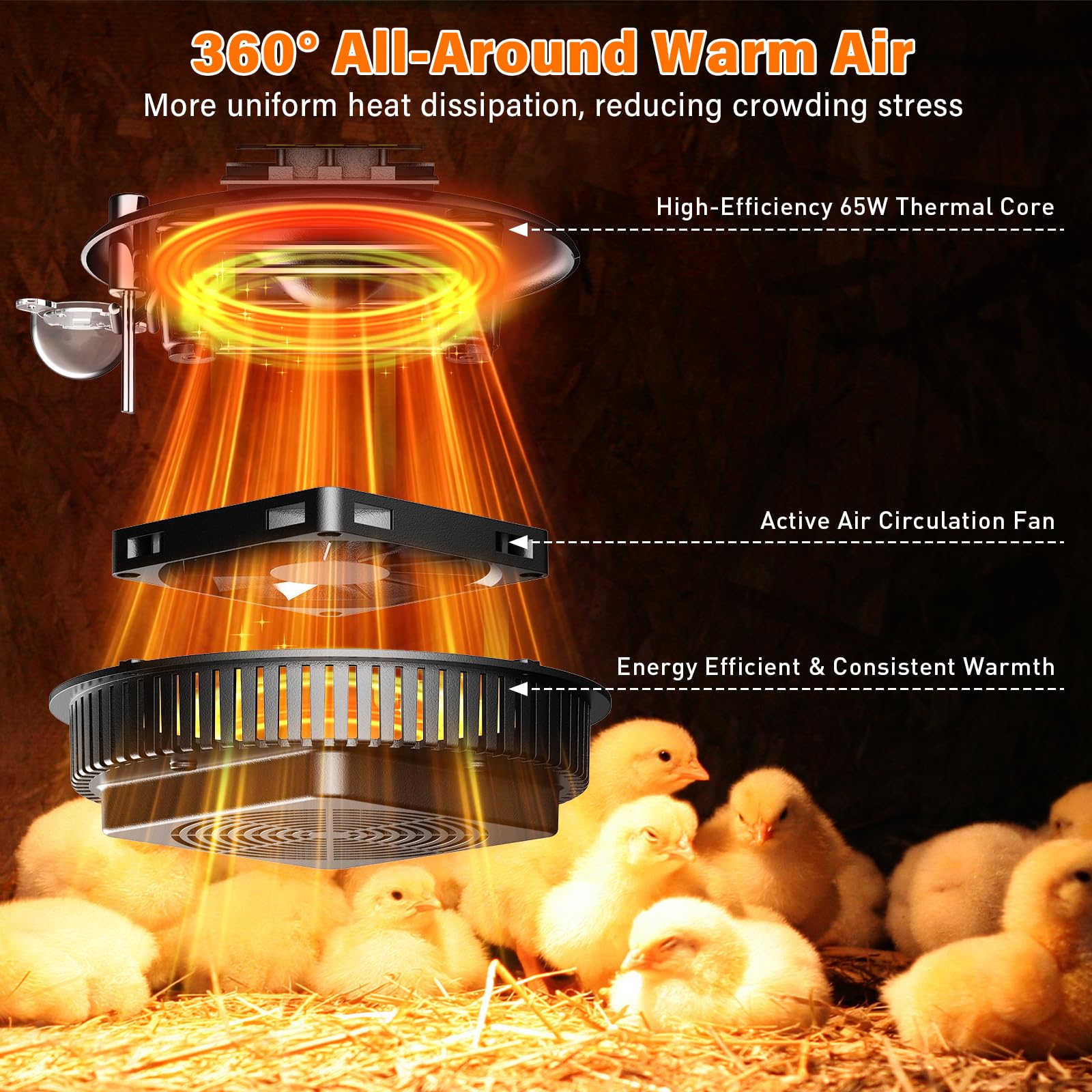 360°Calentador para Gallinero, 65W Calefacción Gallinero, Criadora de Pollitos, 10-52℃, para 15-20 Pollitos, para Pollos, Gatitos, Cachorros, Mascotas