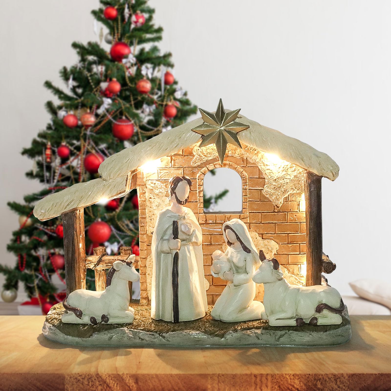 Topsky Handmade Christmas Nativity Scene Decoration, Resin Christmas Nativity Set including Light