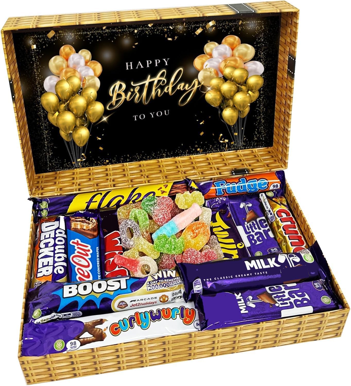 Happy Birthday Sweets and Chocolate Gift Box Pick n Mix Sweets Chocolate Hamper in Wicker Style Printed Box | Gift Box for All | 360gm Sweet & 12 Standard Bars