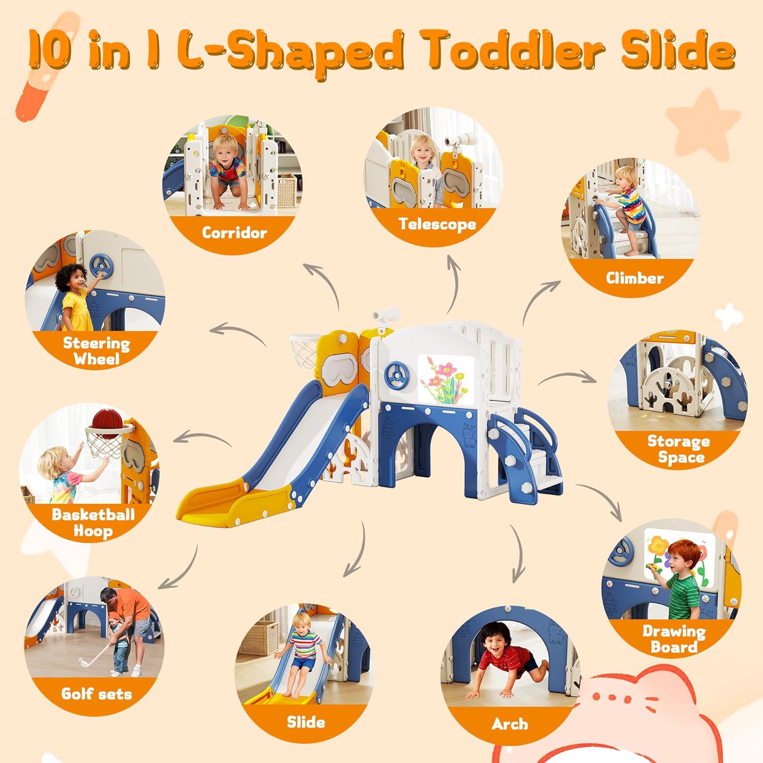 GITAWUSA 10 in 1 Toddler Slide Playset Indoor & Outdoor Playground for Kids Aged 1-3, Complete with Golf Set, Basketball Hoop, Climbing Frame, Drawing Board and Steering Wheel, Blue & Yellow