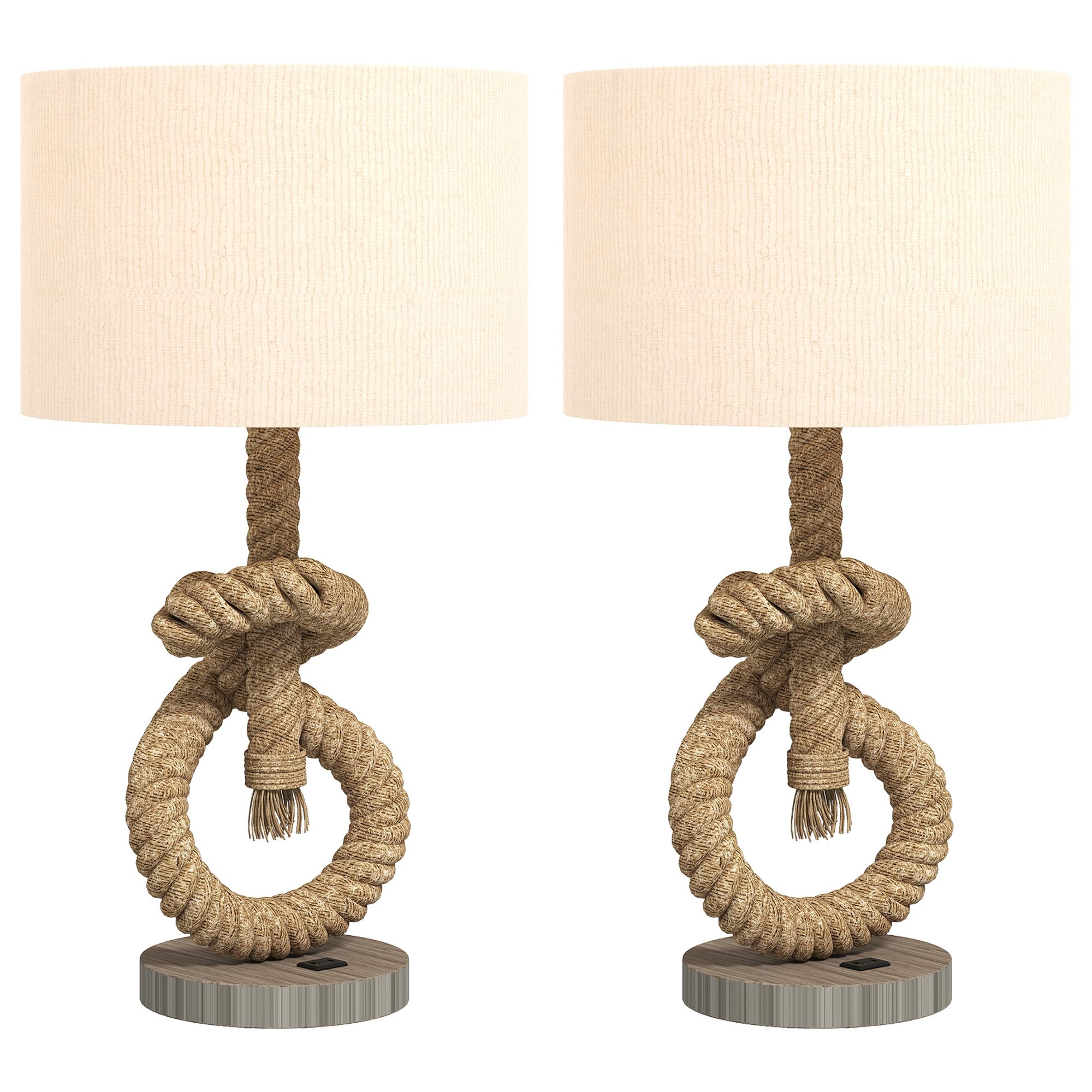 HOMCOM Nautical Table Lamps Set of 2 with USB Charging Port, Bedside Lamps for Bedroom Living Room, Warm White LED Bulb Included, with Hemp Rope, Natural