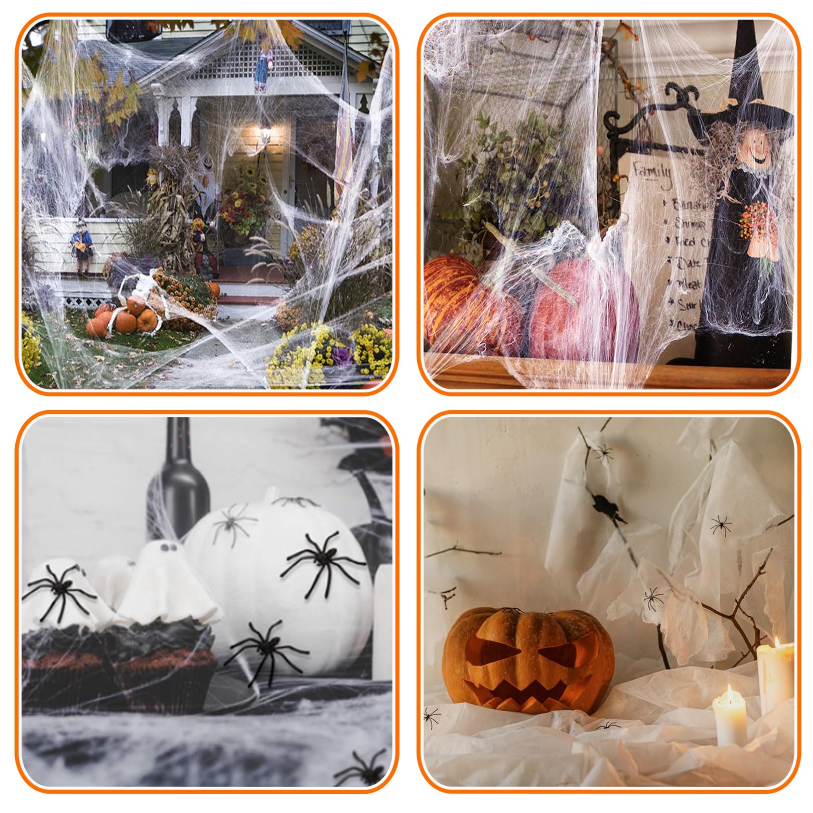 Derogras Halloween Decorazioni Casa,13 Pezzi Ragno Addobbi Halloween (3 Grandi+10 Mini) con 500 cm Ragnatele Halloween Decorazione del Giardino Accessori Halloween