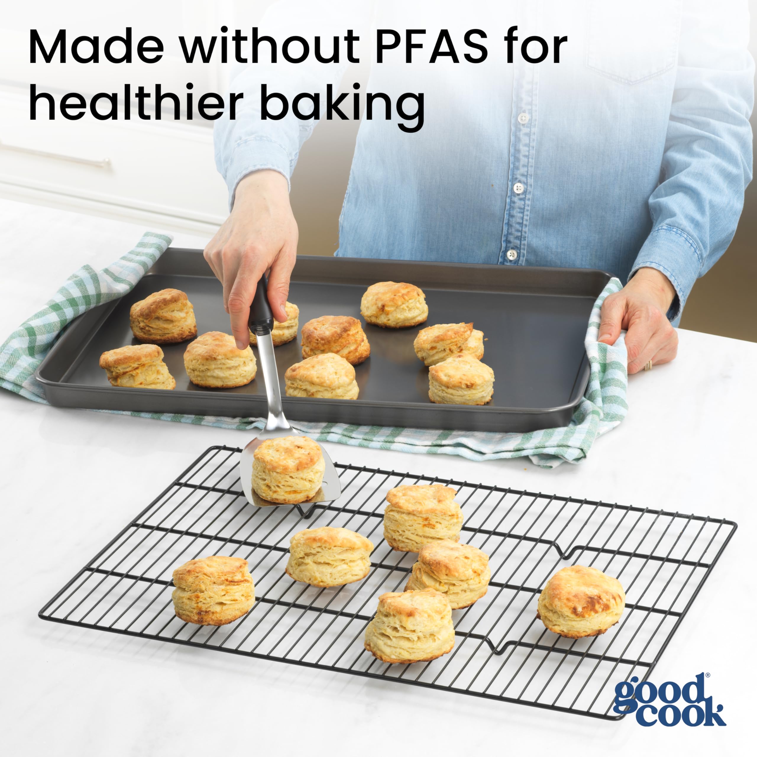 GoodCook Everyday XL Keksblech & Kühlgitter Set, verwindungs- und kratzfest, spülmaschinenfeste Stahlkonstruktion für gleichmäßiges Backen, Mehrzweck-Backform mit Kühlgitter, 54 x 39 cm, Grau
