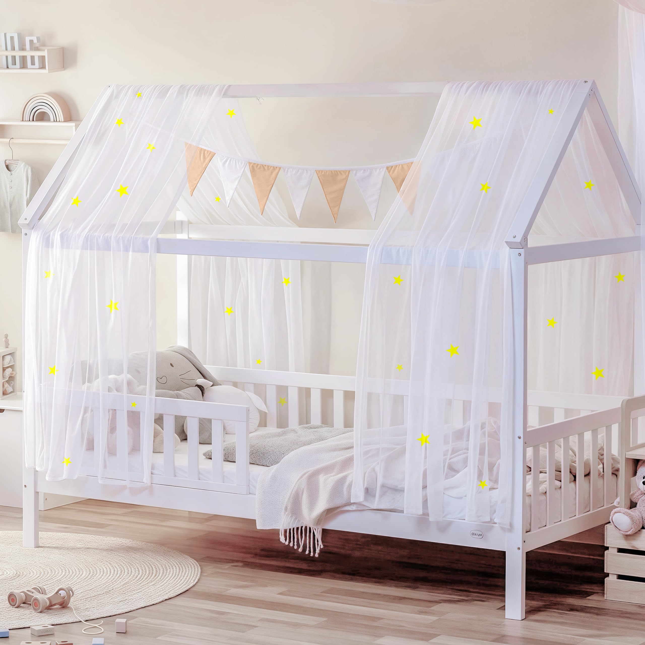 Hausbett Himmel Deko mit Leuchtenden Sternen, 2 Betthimmel & 1 Wimpelkette | Babybett Himmel für Kinderzimmer | Himmelbett Vorhänge für 90x200 & 120x200 Kinderbetten fürJungen/Mädchen(Weiß, 135x270cm)