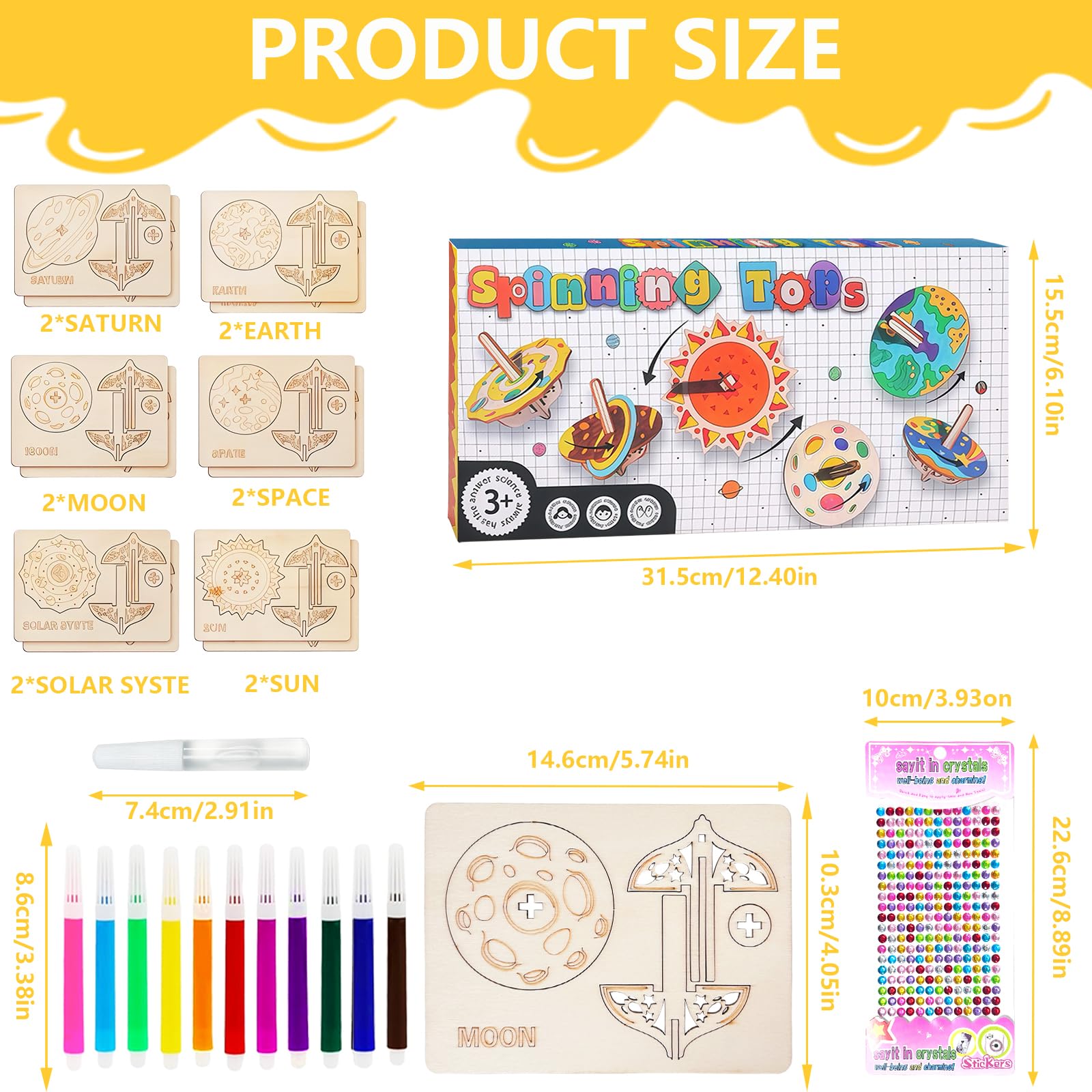 Kit Toupies En Bois à Peindre – 12 Pièces Planètes DIY – Pour Enfants 4-12 Ans – Avec Crayons Aquarelle Et Strass – Jeu Créatif éducatif
