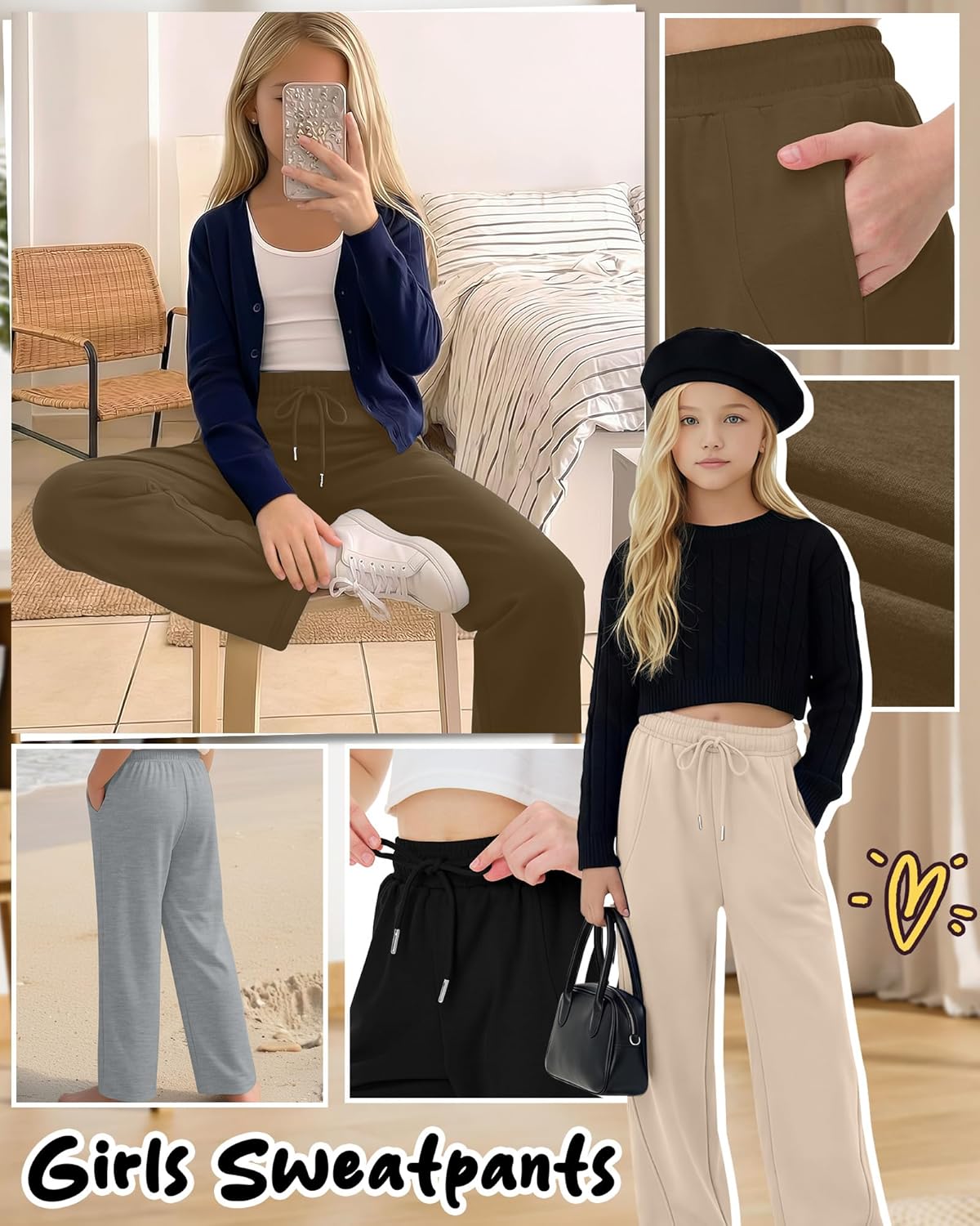 4 Pack Girls' Sweatpants Wide Leg Drawstring Baggy Pants Kids Elastic Waist High Waisted Joggers with Pockets 5-14Y