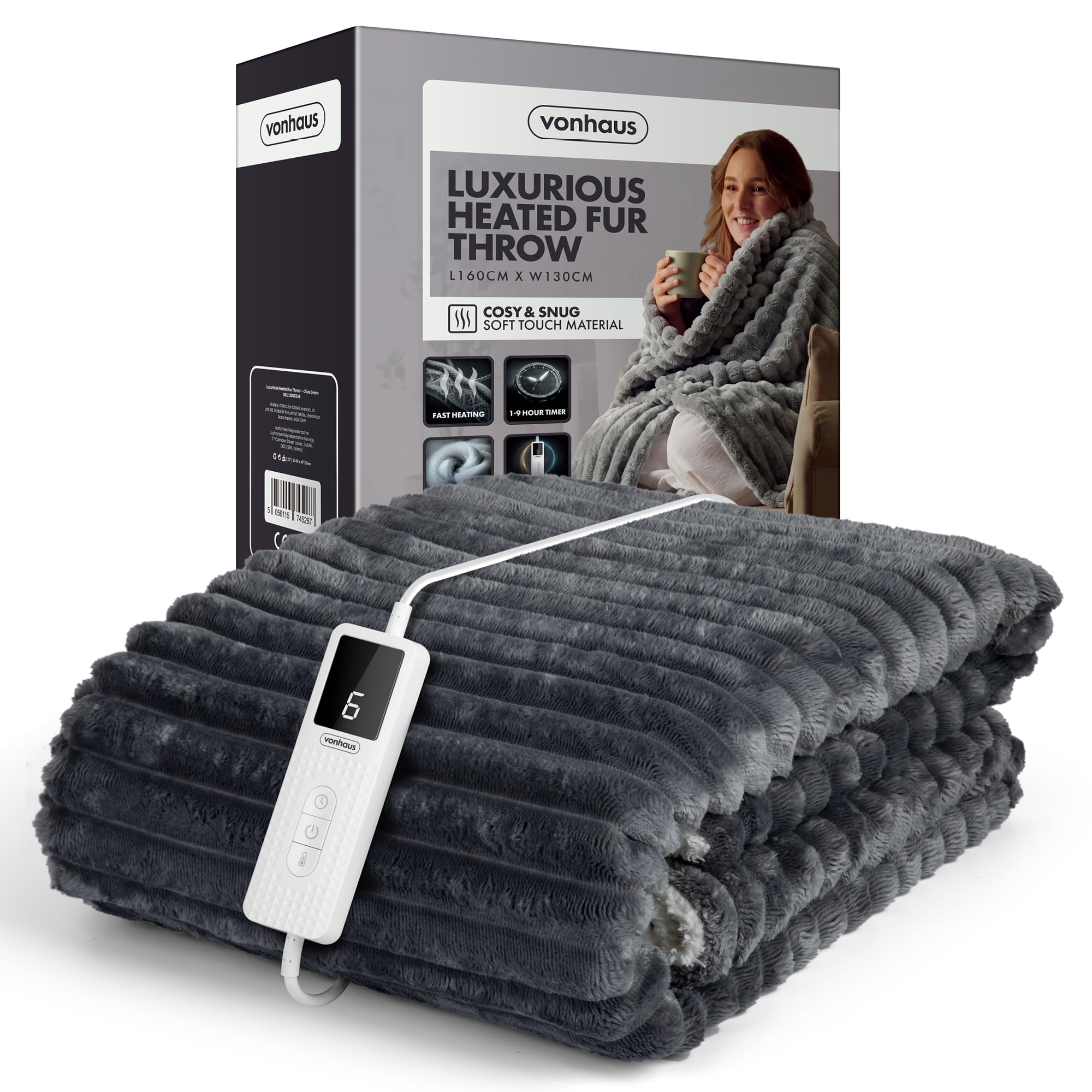 VonHaus Heated Throw Blanket – w/Gift Box – Faux Fur Material, Grey — image 1