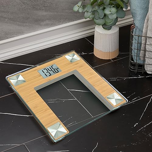 Miniatura 4 de Taylor Báscula de baño digital para peso corporal, báscula de baño con plataforma de vidrio duradera, capacidad de 400 libras, bambú natural y