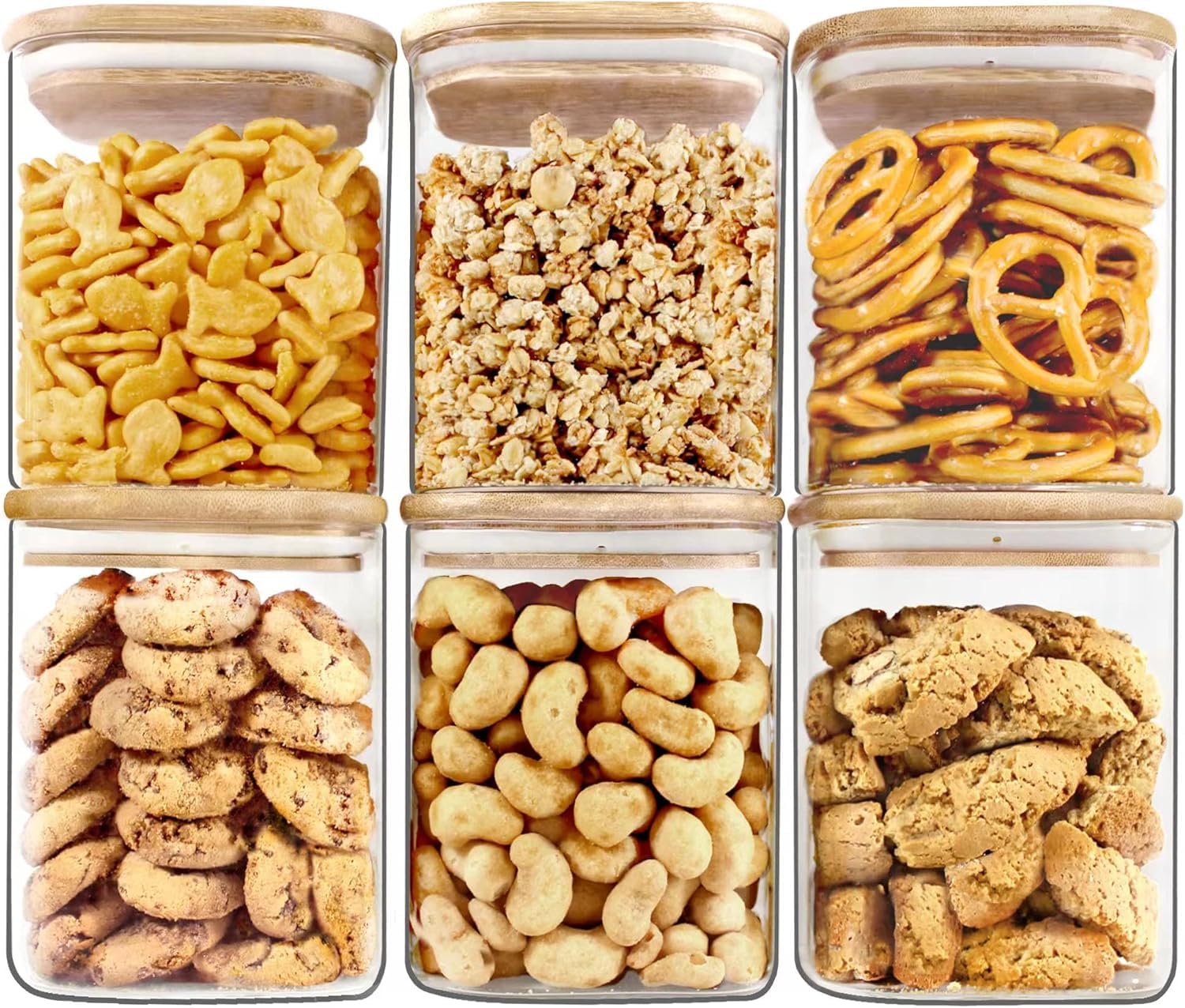 Jinelza Square Wooden Lid, Glass Jar Food Storage Containers Set, Airtight Food Jars with Kids Kitchen Canisters for Sugar, Candy, Cookie, Rice and Spice Jars (950ML SQUARE JAR, 6 PCS)