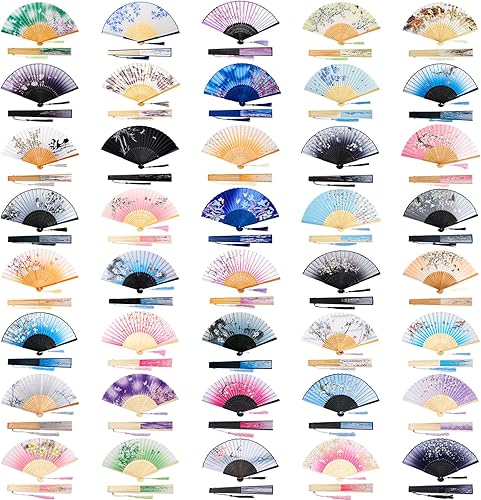Thyle Ventilador de mano floral de 40 piezas, estilo chino vintage, ventilador plegable de seda con marco de bambú, ventilador de seda plegable con