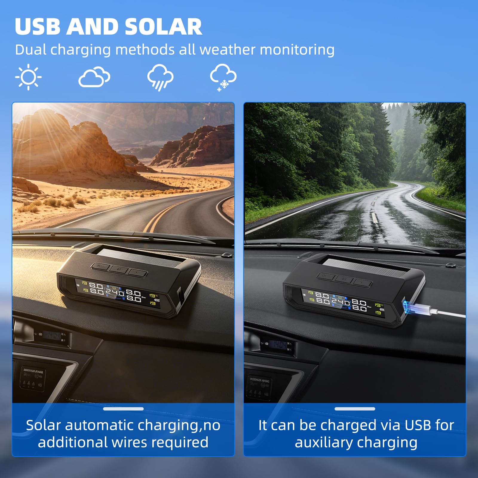 Sistema di controllo della pressione dei pneumatici 0-72 PSI 0-5 Bar TPMS con energia solare e USB, 4 sensori di pressione dei pneumatici esterni per la pressione dei pneumatici, universale