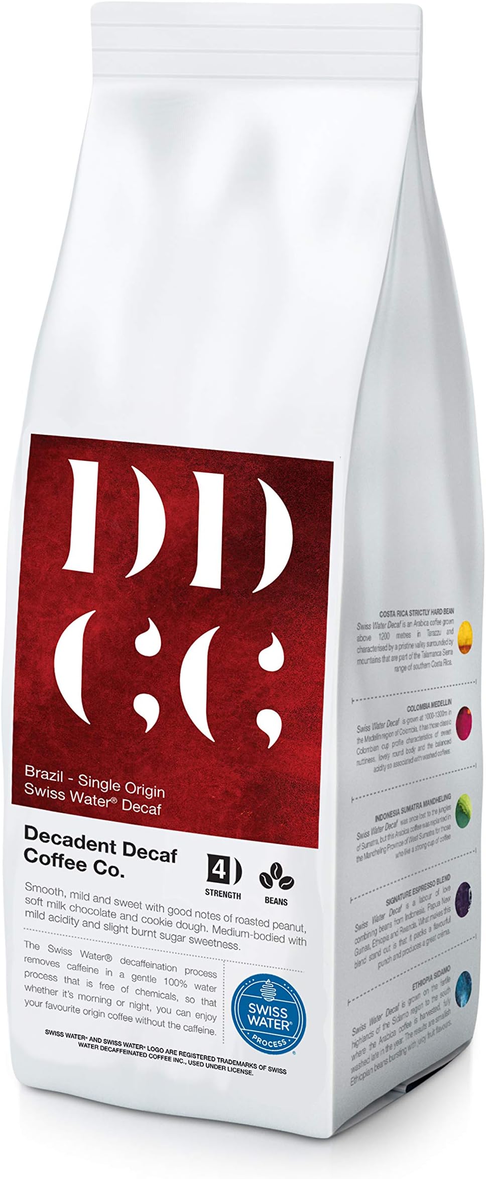Decadent Decaf Coffee Company - Decaffeinated Brazilian Beans 227g - Swiss Water Process - Medium Dark Roast - Strength 4 - For All Coffee Machines