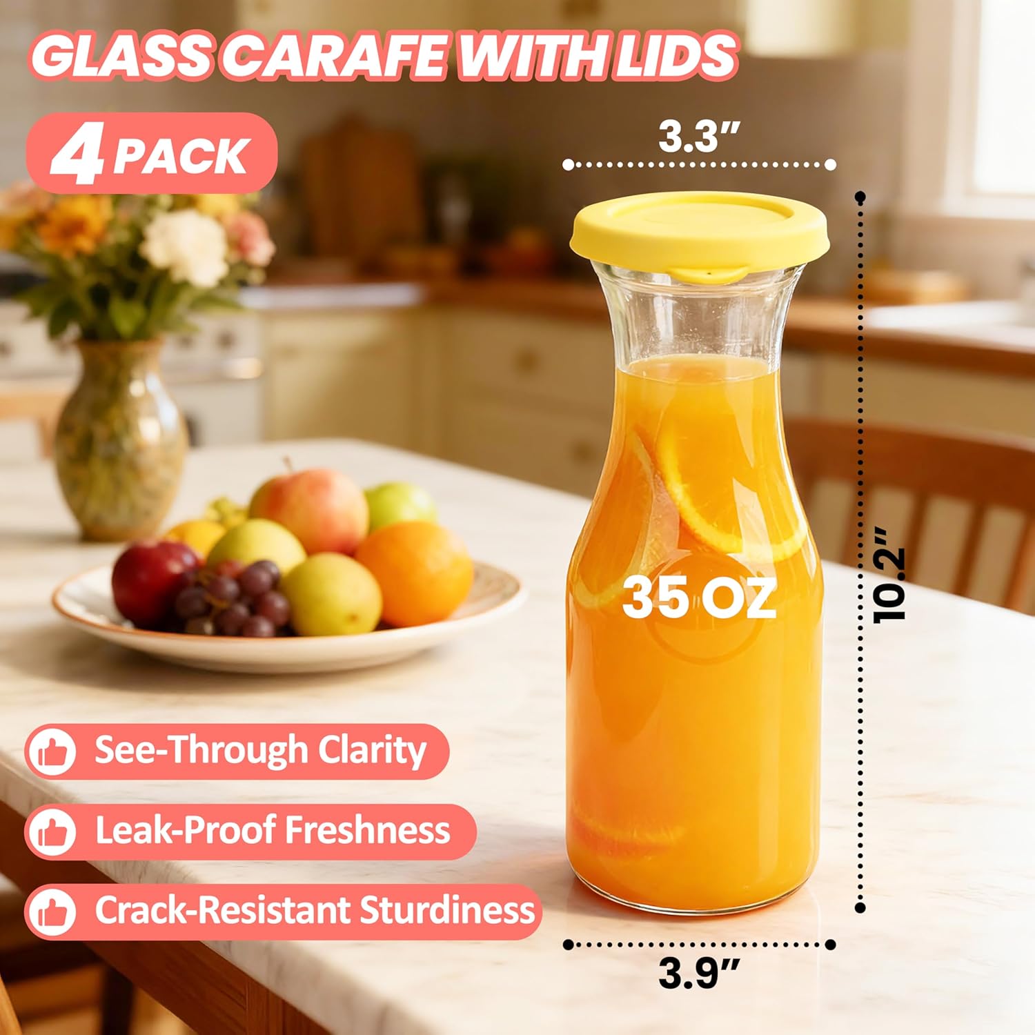 Glass Carafe with Silicone Lid, Set of 4 Water Pitchers, 1 Liter Glass Pitcher with Lid for Mimosa Bar, Party Supplies to Dispense Tea, Wine, Juice, Lemonade, Dishwasher Safe, 35 oz